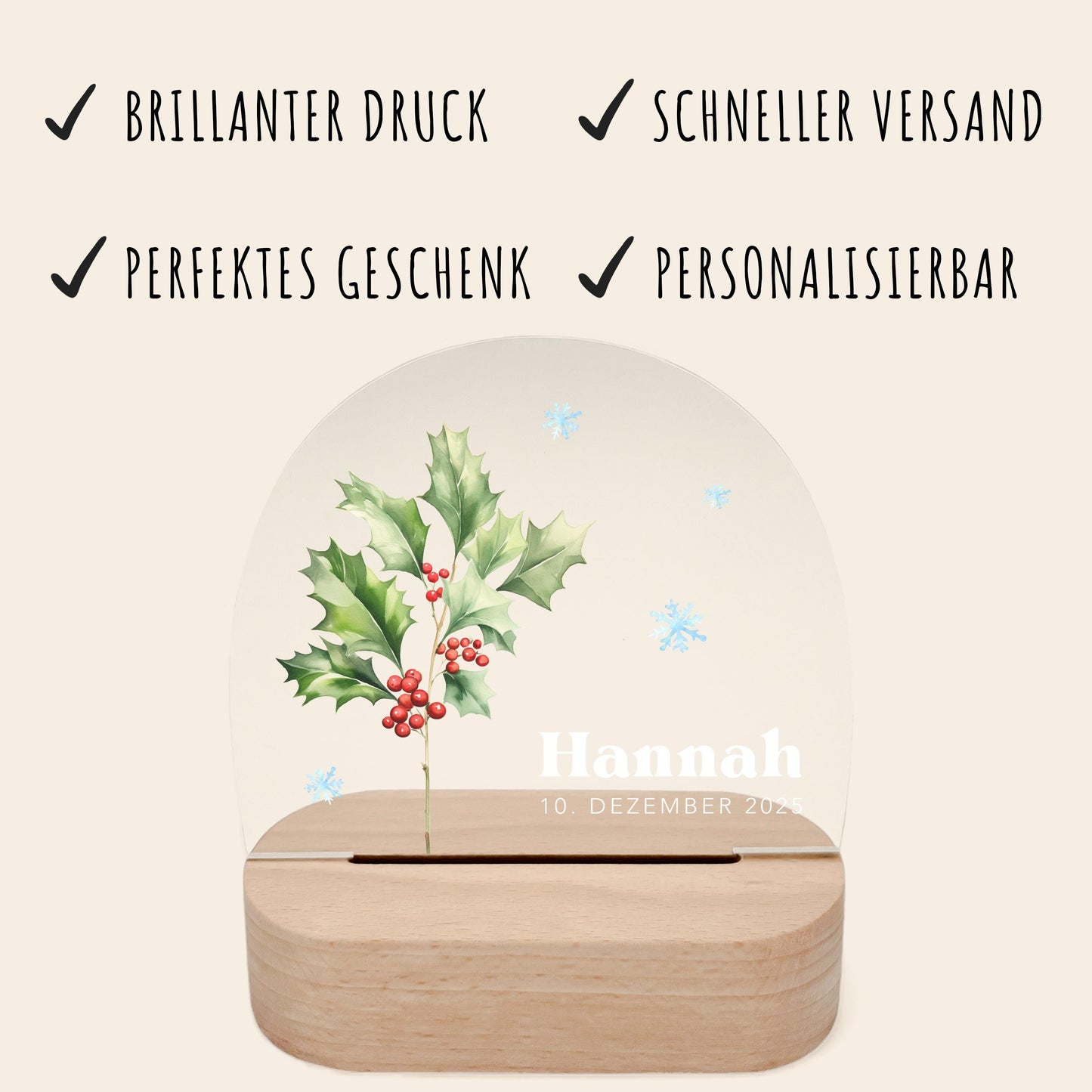 Geburtsgeschenk Mädchen Nachtlicht Baby personalisiert Monatsblume Geschenk zur Geburt Nachtlampe inkl. Holzfuß & Netzteil | Dezember