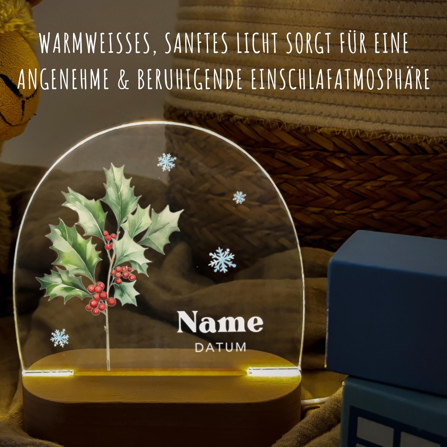 Geburtsgeschenk Mädchen Nachtlicht Baby personalisiert Monatsblume Geschenk zur Geburt Nachtlampe inkl. Holzfuß & Netzteil | Dezember