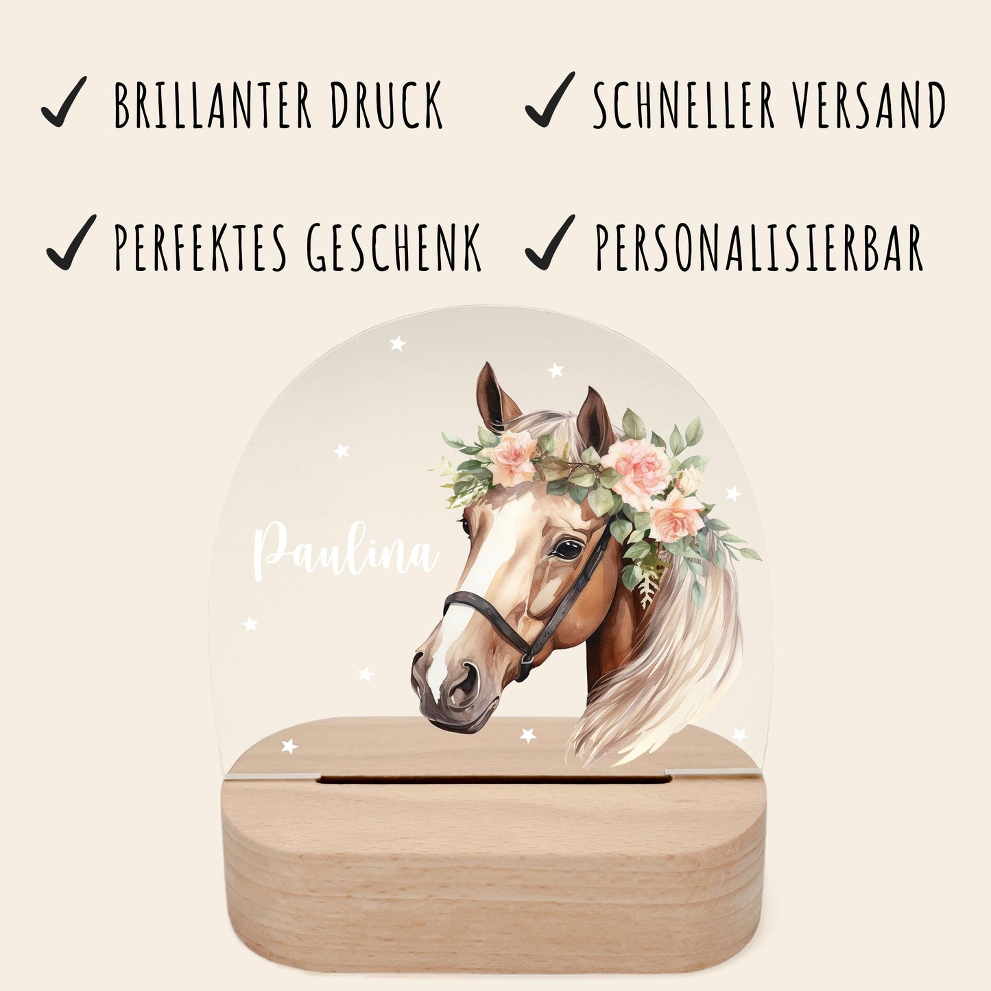 Nachtlicht Pferd personalisiert für Kinder & Baby Pferdemädchen Geschenk Pferdeliebhaber Deko Nachtlampe Mädchen inkl. Holzfuß und Netzteil