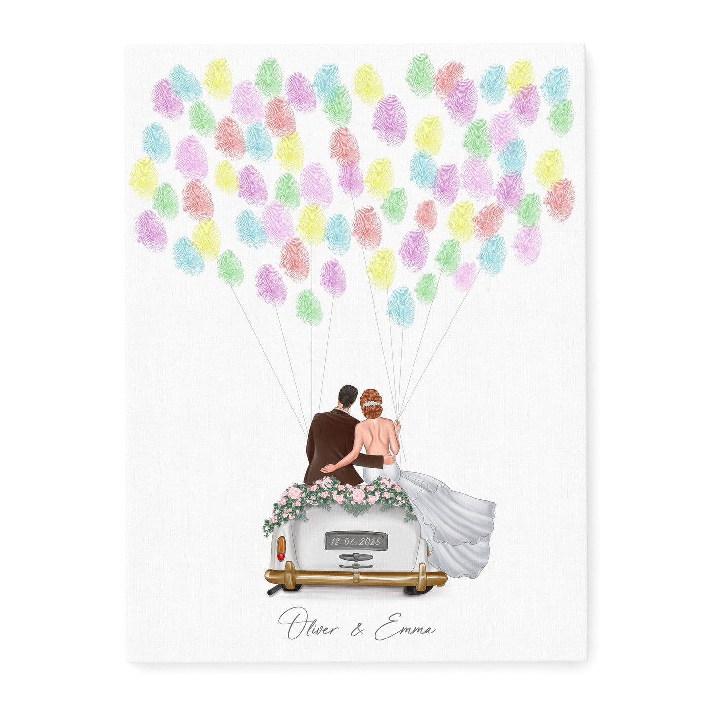 Hochzeit Gästebuch Fingerabdruck Leinwand personalisiert mit Brautpaar Hochzeitsauto Hochzeitsgeschenk 30x40 cm (OHNE Farbe)