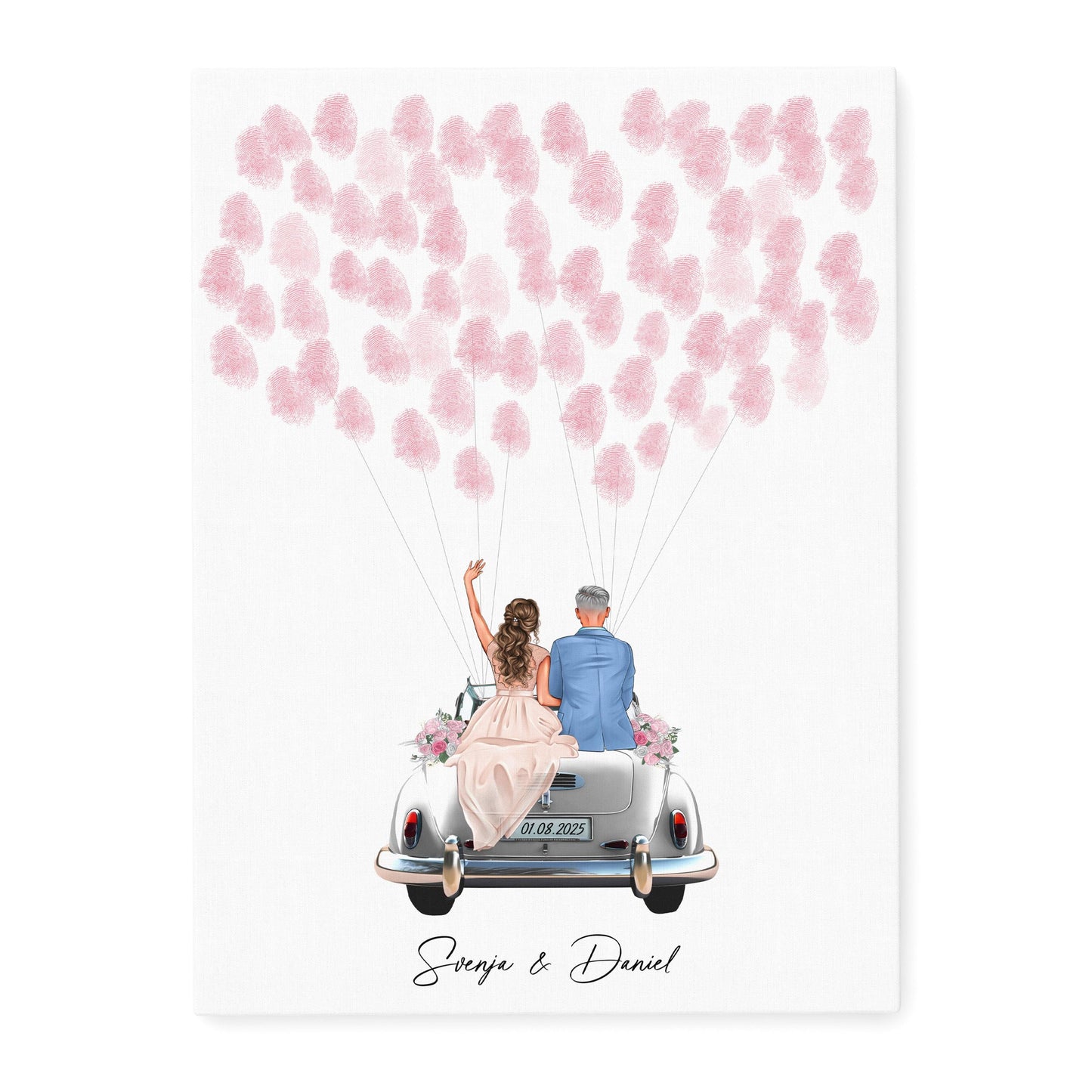 Gästebuch Hochzeit Fingerabdruck Leinwand personalisiert mit Brautpaar Hochzeitsauto Hochzeitsgeschenk 30x40 cm (OHNE Farbe)