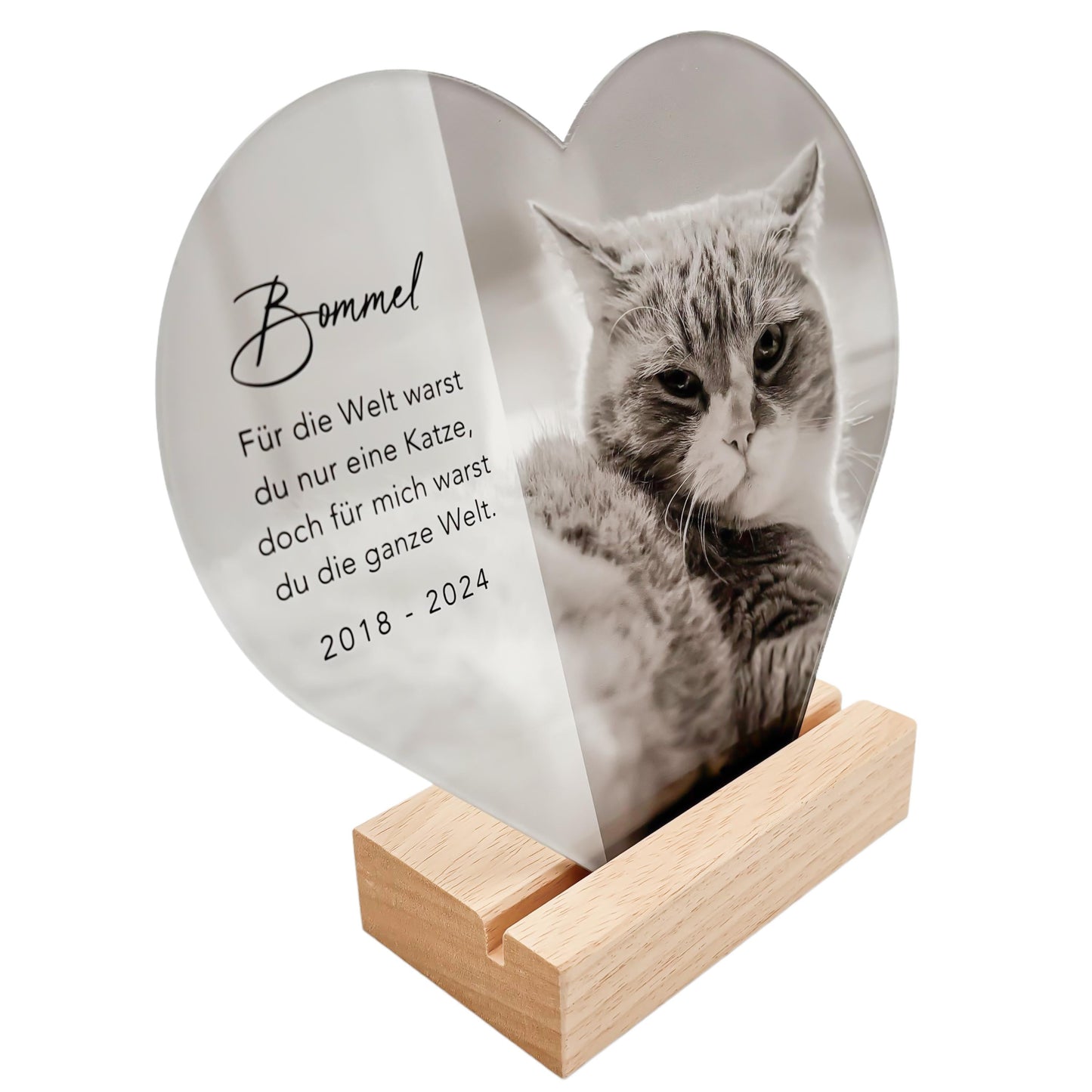 Andenken an verstorbene Katze Gedenktafel Katze Trauergeschenk Acrylglas Herz personalisiertes Geschenk für Trauernde inkl. Holzfuß 20x22 cm