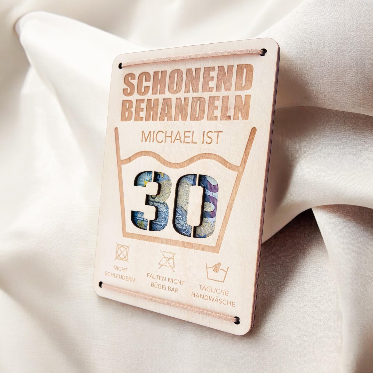Schonend Behandeln 30. Geburtstag Geldgeschenk personalisiert Geldverpackung Verpackung Geld Geburtstagsgeschenk Geschenkkarte Holz 12x17 cm