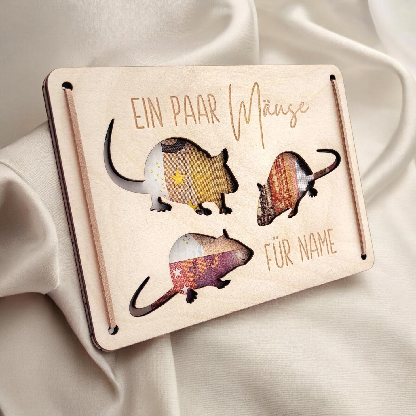 Ein paar Mäuse für dich Geldgeschenk Geburtstag personalisierte Geld Verpackung Geburtstagsgeschenk Geschenkkarte aus Holz 12x17 cm