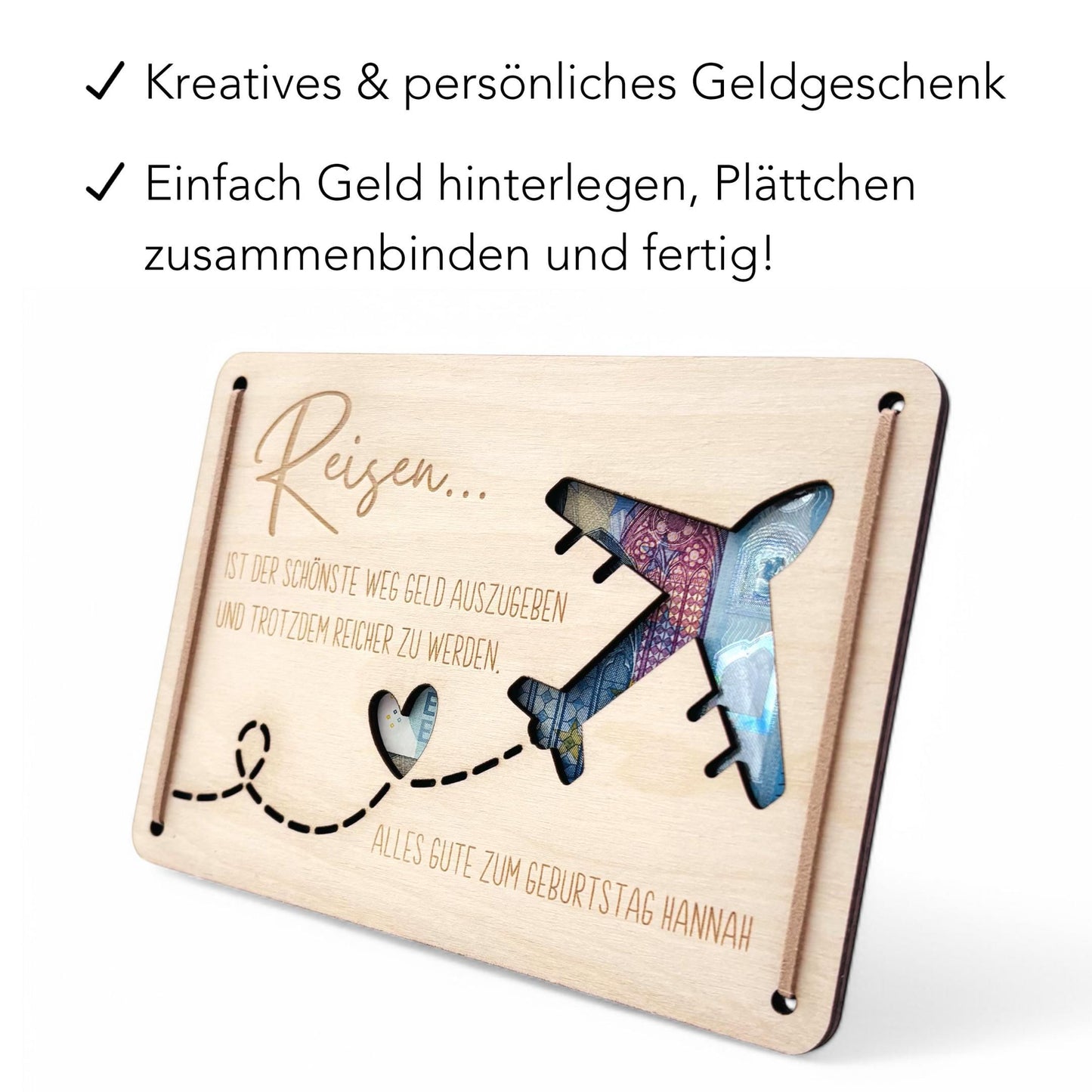 Geldgeschenk Reise Geschenk Reisegutschein Geburtstag personalisierte Geld Verpackung Urlaub Reisekasse Geschenkkarte aus Holz 12x17 cm