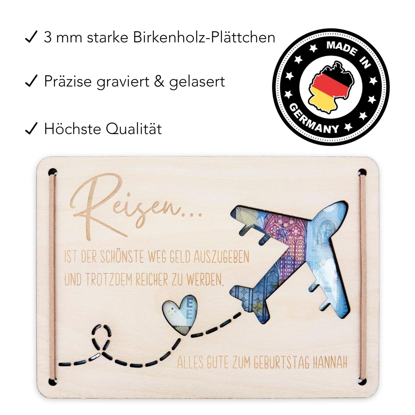 Geldgeschenk Reise Geschenk Reisegutschein Geburtstag personalisierte Geld Verpackung Urlaub Reisekasse Geschenkkarte aus Holz 12x17 cm
