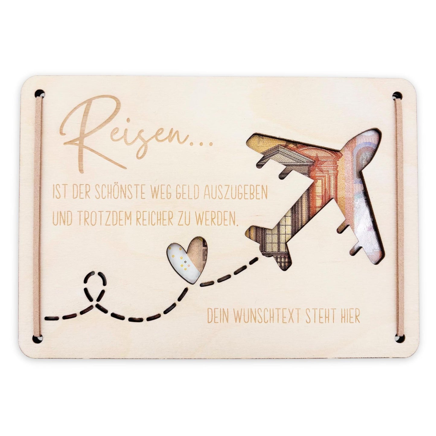 Geldgeschenk Reise Geschenk Reisegutschein Geburtstag personalisierte Geld Verpackung Urlaub Reisekasse Geschenkkarte aus Holz 12x17 cm