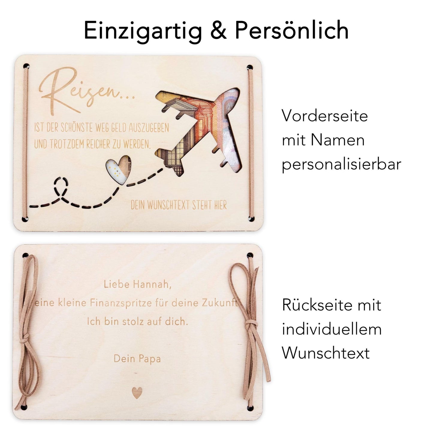 Geldgeschenk Reise Geschenk Reisegutschein Geburtstag personalisierte Geld Verpackung Urlaub Reisekasse Geschenkkarte aus Holz 12x17 cm
