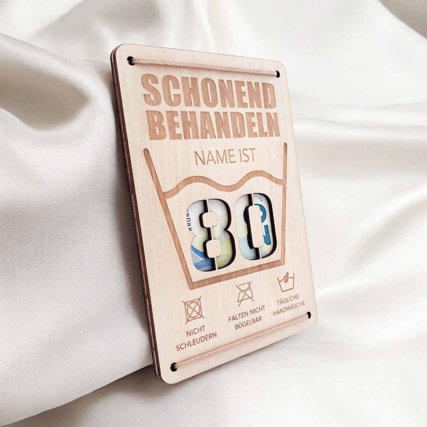Schonend Behandeln 80. Geburtstag Geldgeschenk personalisiert Geldverpackung Verpackung Geld Geburtstagsgeschenk Geschenkkarte Holz 12x17 cm
