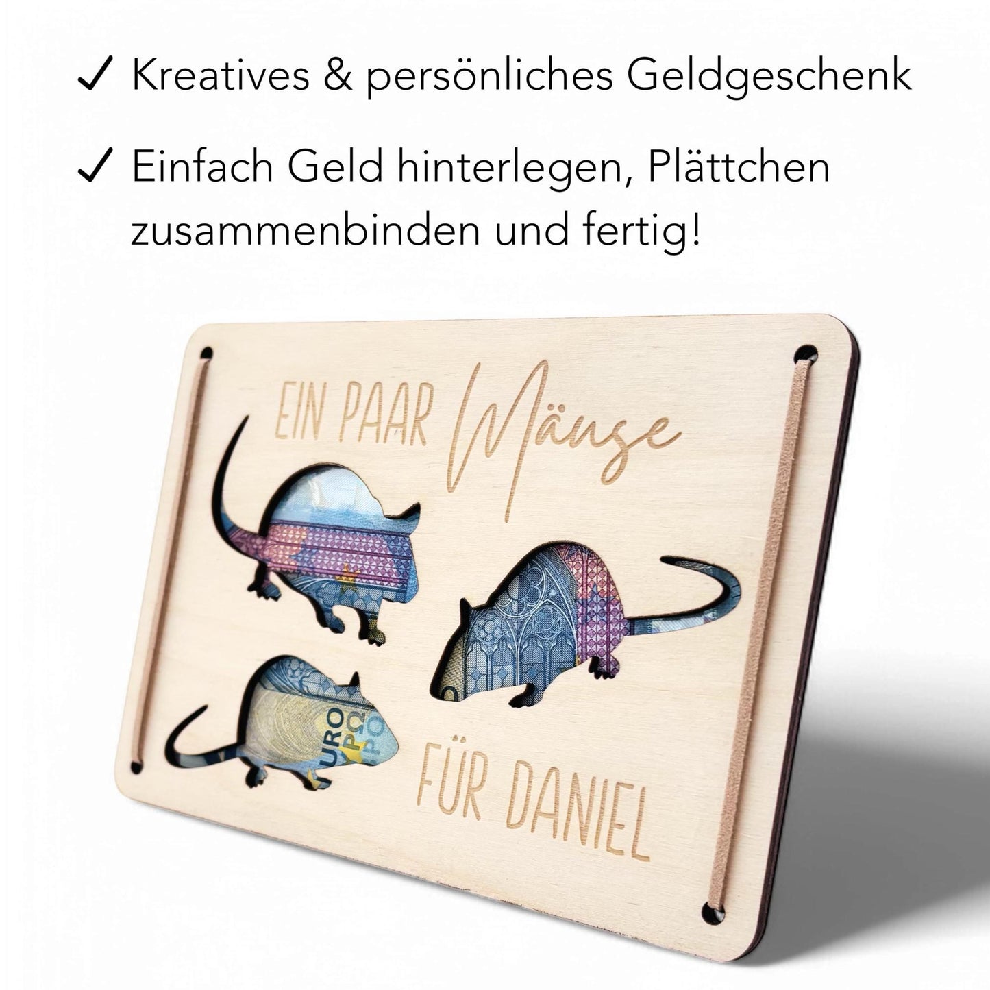 Ein paar Mäuse für dich Geldgeschenk Geburtstag personalisierte Geld Verpackung Geburtstagsgeschenk Geschenkkarte aus Holz 12x17 cm