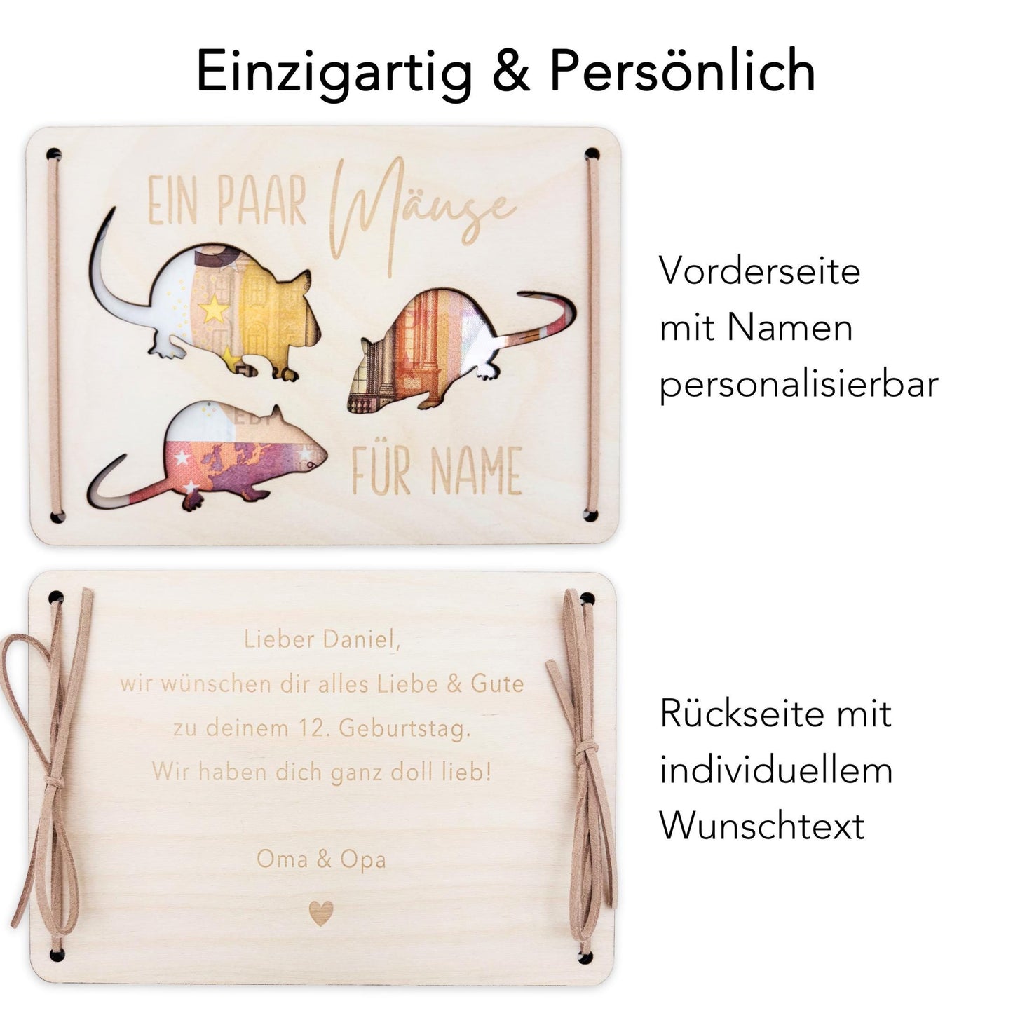 Ein paar Mäuse für dich Geldgeschenk Geburtstag personalisierte Geld Verpackung Geburtstagsgeschenk Geschenkkarte aus Holz 12x17 cm