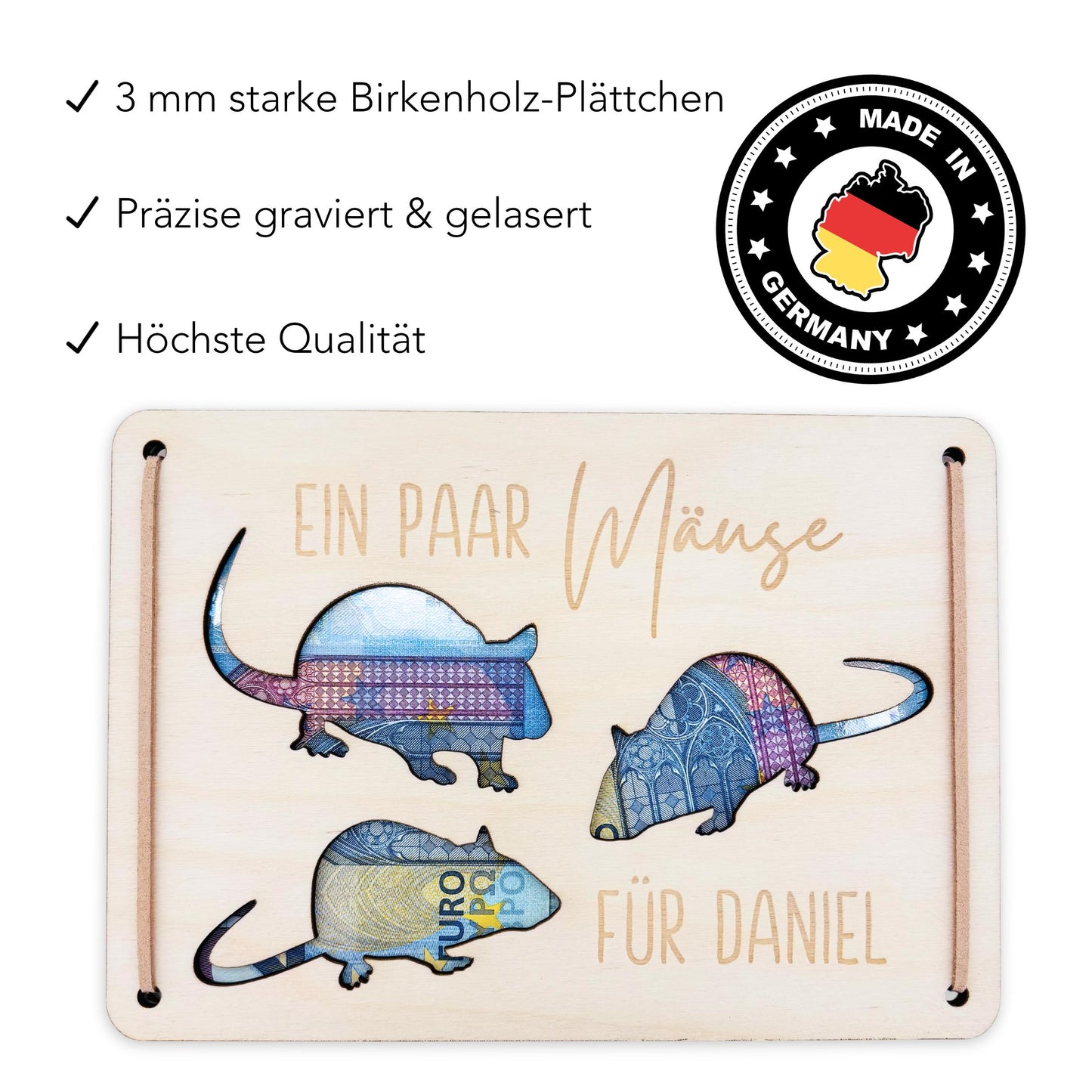 Ein paar Mäuse für dich Geldgeschenk Geburtstag personalisierte Geld Verpackung Geburtstagsgeschenk Geschenkkarte aus Holz 12x17 cm