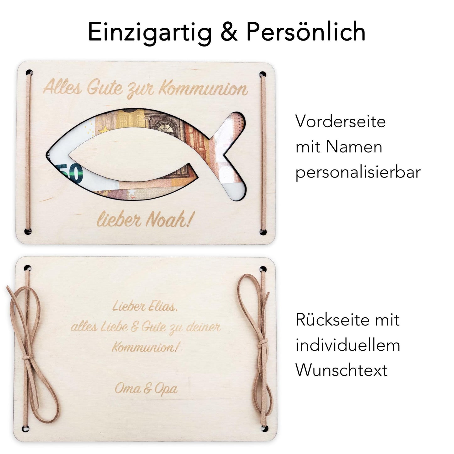 Geldgeschenk Kommunion Geschenk Junge Mädchen personalisierte Geld Verpackung Erstkommunion Geschenkkarte aus Holz 12x17 cm