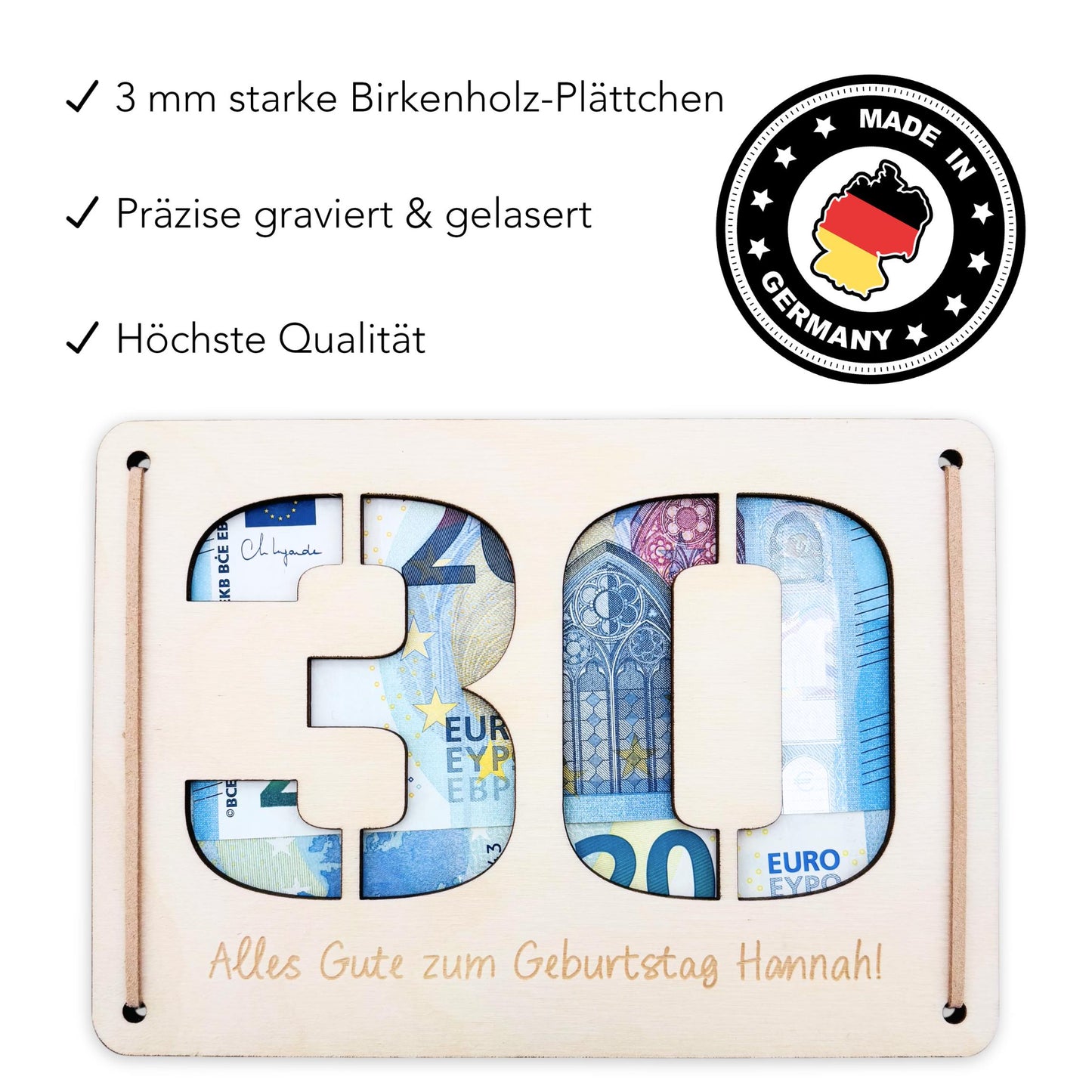 Geldgeschenk 30. Geburtstag personalisierte Geburtstagskarte Geldverpackung Verpackung Geld Geburtstagsgeschenk Geschenkkarte Holz 12x17 cm