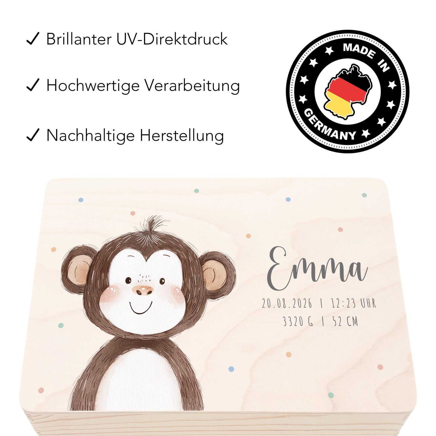 Erinnerungskiste Baby Affe Holzkiste personalisierte Erinnerungsbox Mädchen Junge Geschenk Geburt Geburtsgeschenk 30x20x13 cm