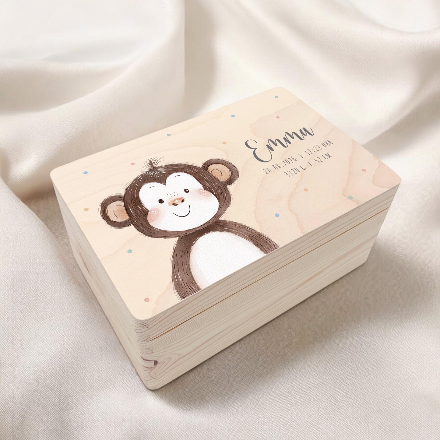 Erinnerungskiste Baby Affe Holzkiste personalisierte Erinnerungsbox Mädchen Junge Geschenk Geburt Geburtsgeschenk 30x20x13 cm
