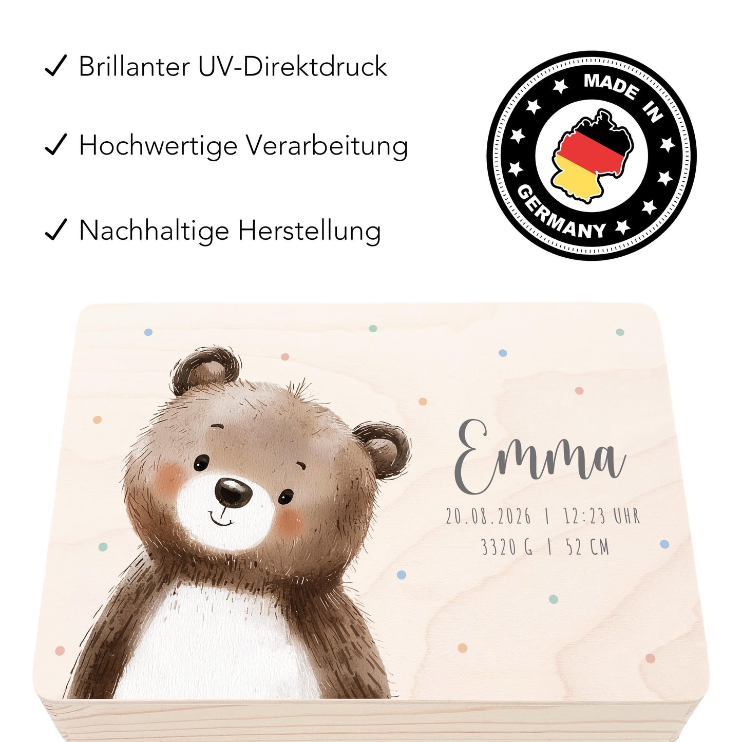 Erinnerungskiste Baby Bär Holzkiste personalisierte Erinnerungsbox Mädchen Junge Geschenk Geburt Geburtsgeschenk 30x20x13 cm