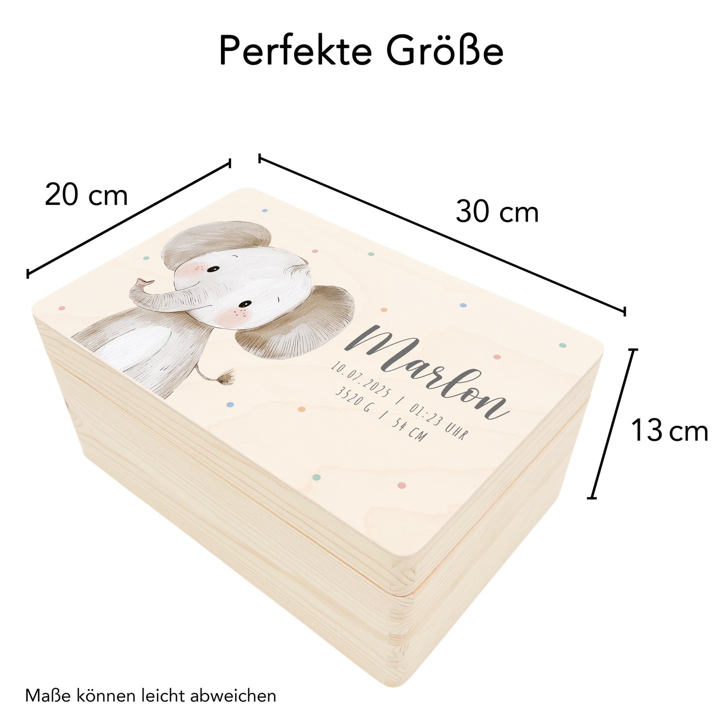Erinnerungskiste Baby Elefant Holzkiste personalisierte Erinnerungsbox Geschenk Geburt Geburtsgeschenk 30x20x13 cm