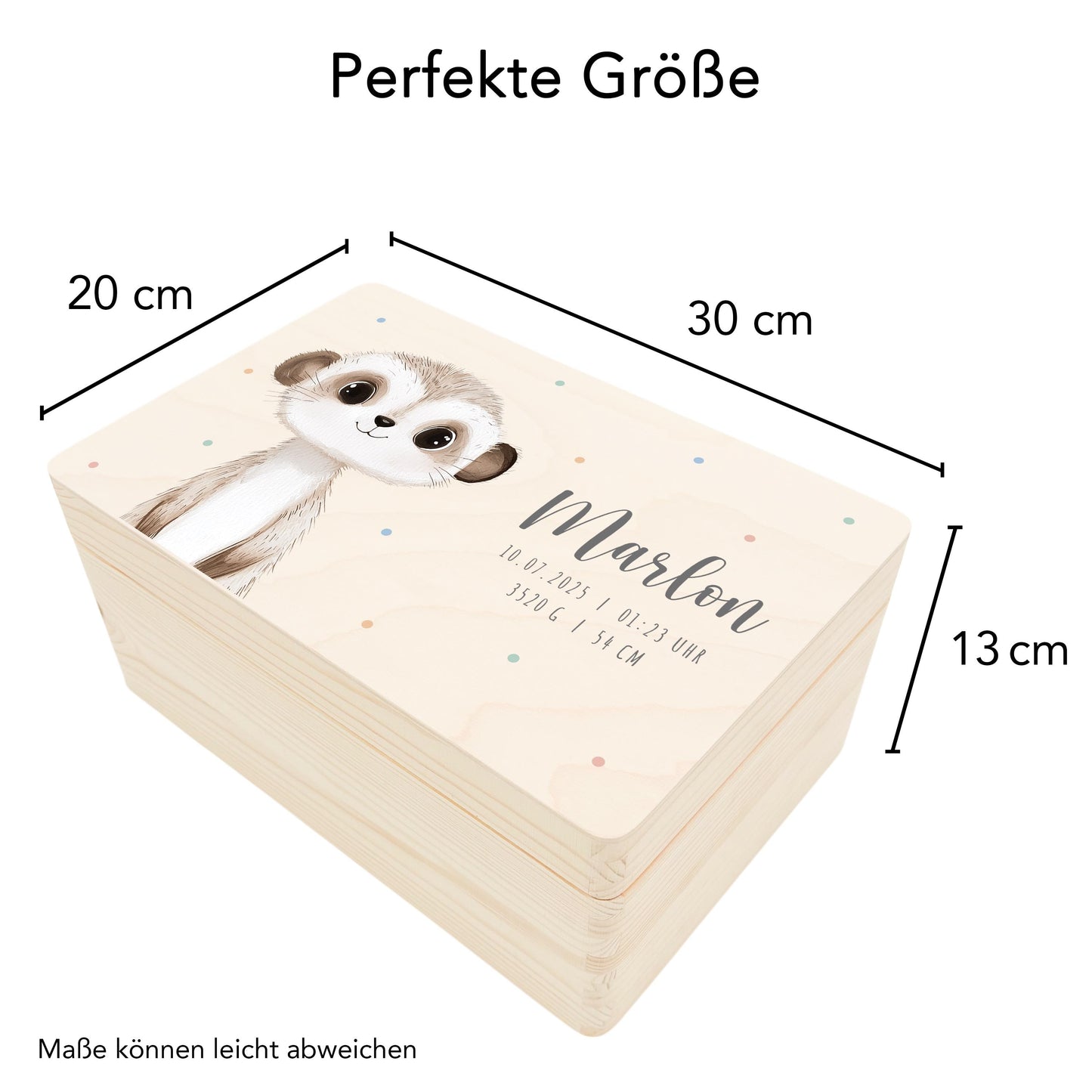 Erinnerungskiste Baby Erdmännchen Holzkiste personalisierte Erinnerungsbox Geschenk Geburt Geburtsgeschenk 30x20x13 cm