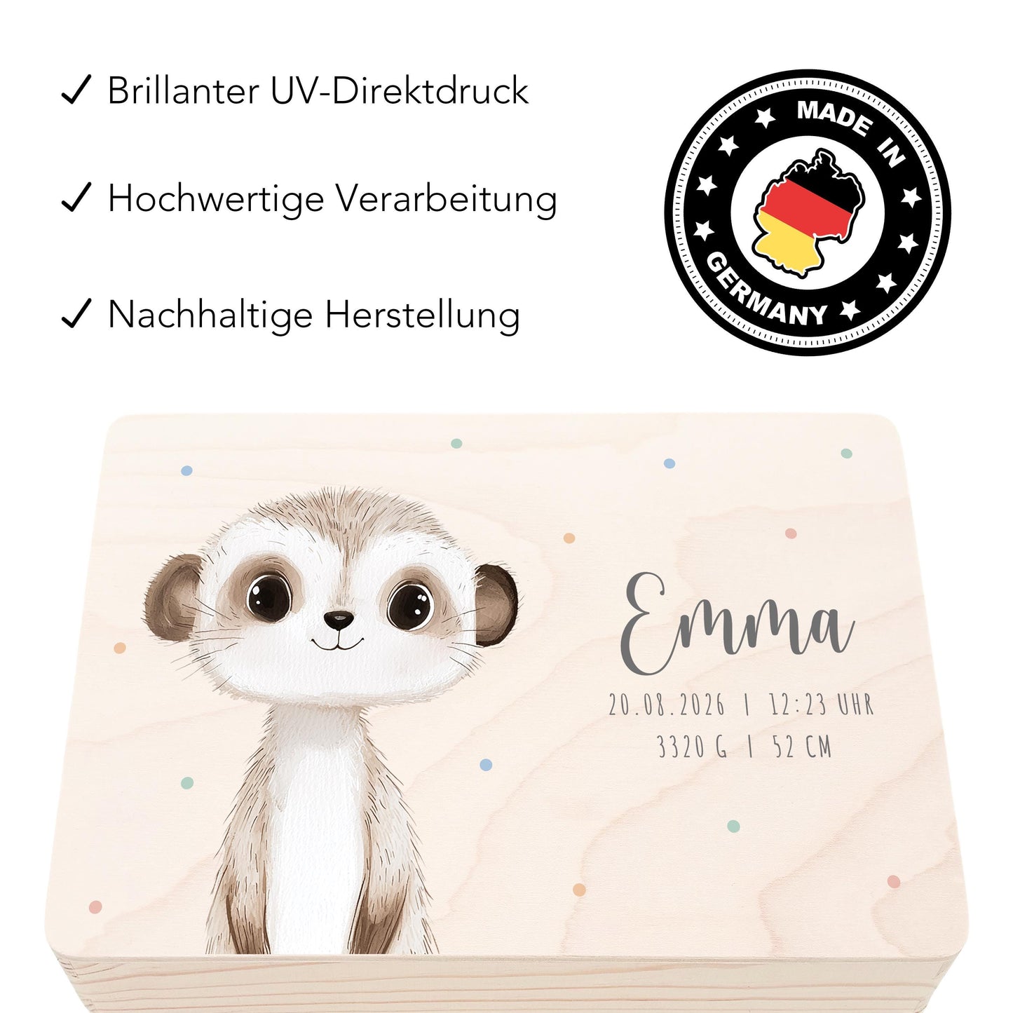 Erinnerungskiste Baby Erdmännchen Holzkiste personalisierte Erinnerungsbox Geschenk Geburt Geburtsgeschenk 30x20x13 cm