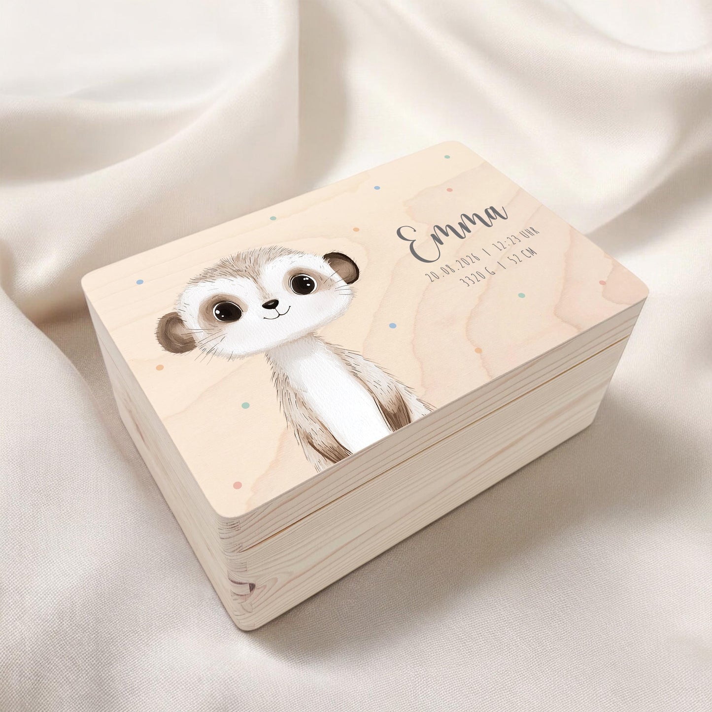 Erinnerungskiste Baby Erdmännchen Holzkiste personalisierte Erinnerungsbox Geschenk Geburt Geburtsgeschenk 30x20x13 cm