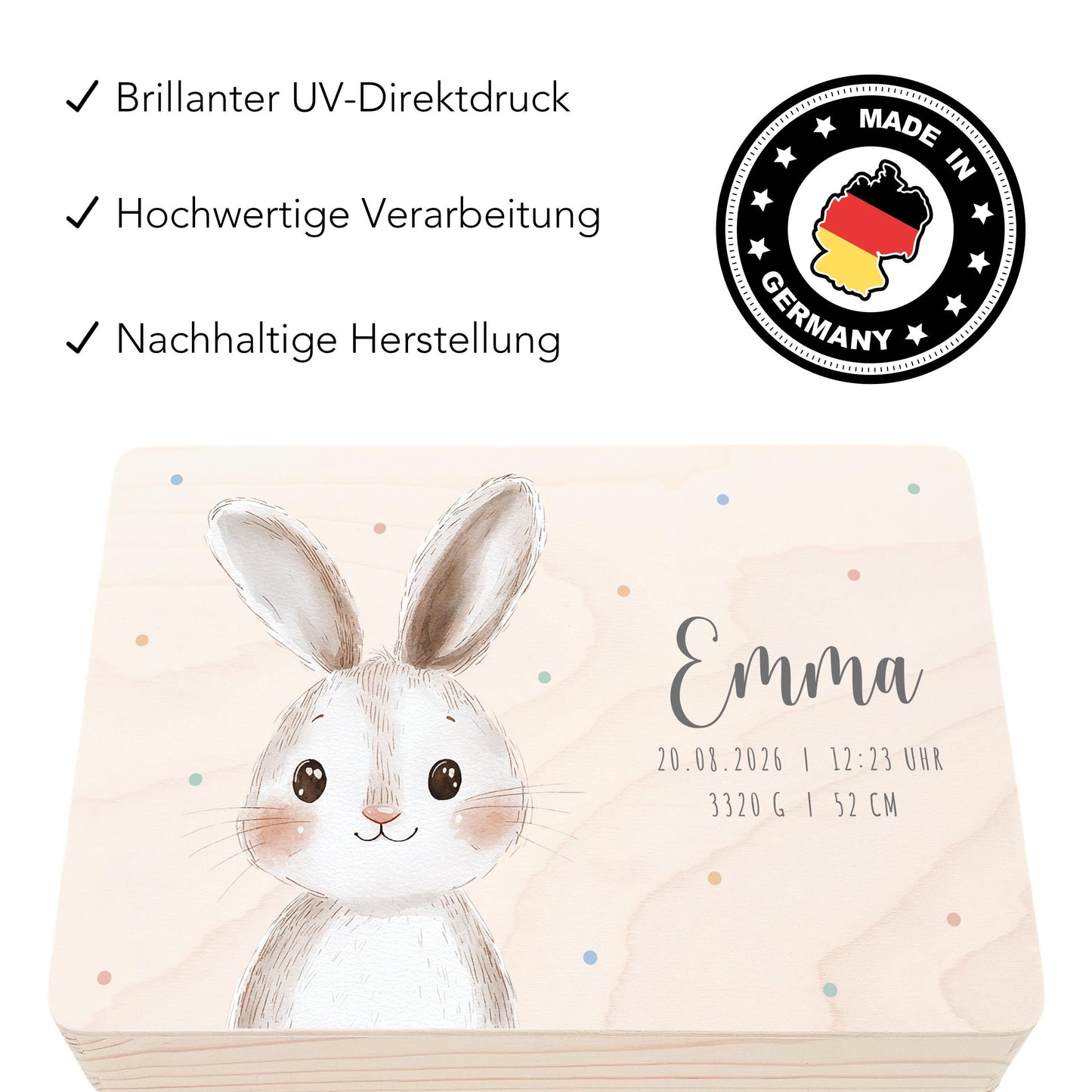 Erinnerungskiste Baby Hase Holzkiste personalisierte Erinnerungsbox Mädchen Junge Geschenk Geburt Geburtsgeschenk 30x20x13 cm
