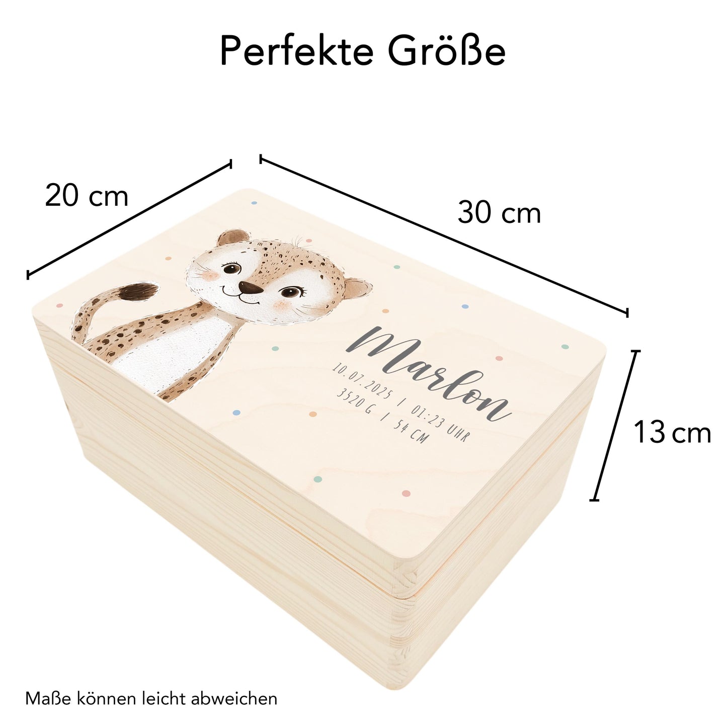 Erinnerungskiste Baby Leopard Holzkiste personalisierte Erinnerungsbox Mädchen Junge Geschenk Geburt Geburtsgeschenk 30x20x13 cm