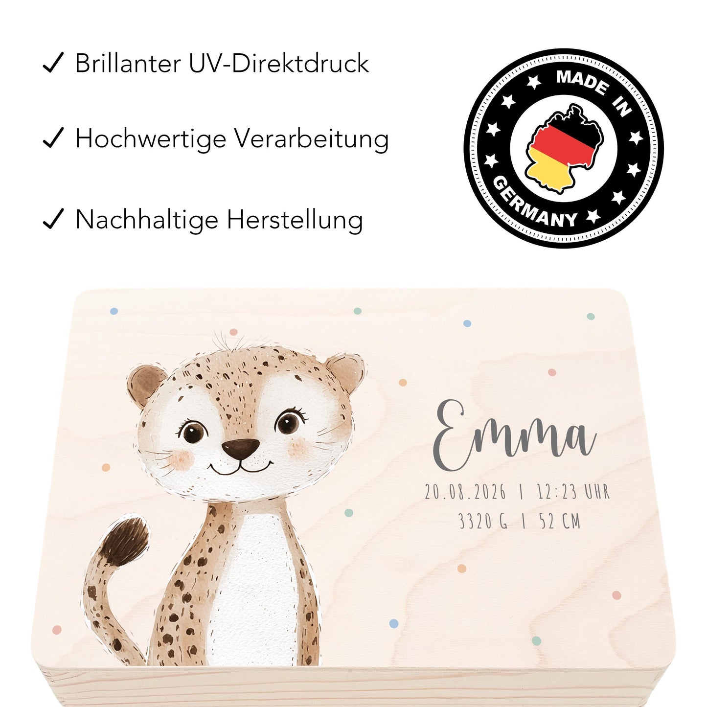 Erinnerungskiste Baby Leopard Holzkiste personalisierte Erinnerungsbox Mädchen Junge Geschenk Geburt Geburtsgeschenk 30x20x13 cm