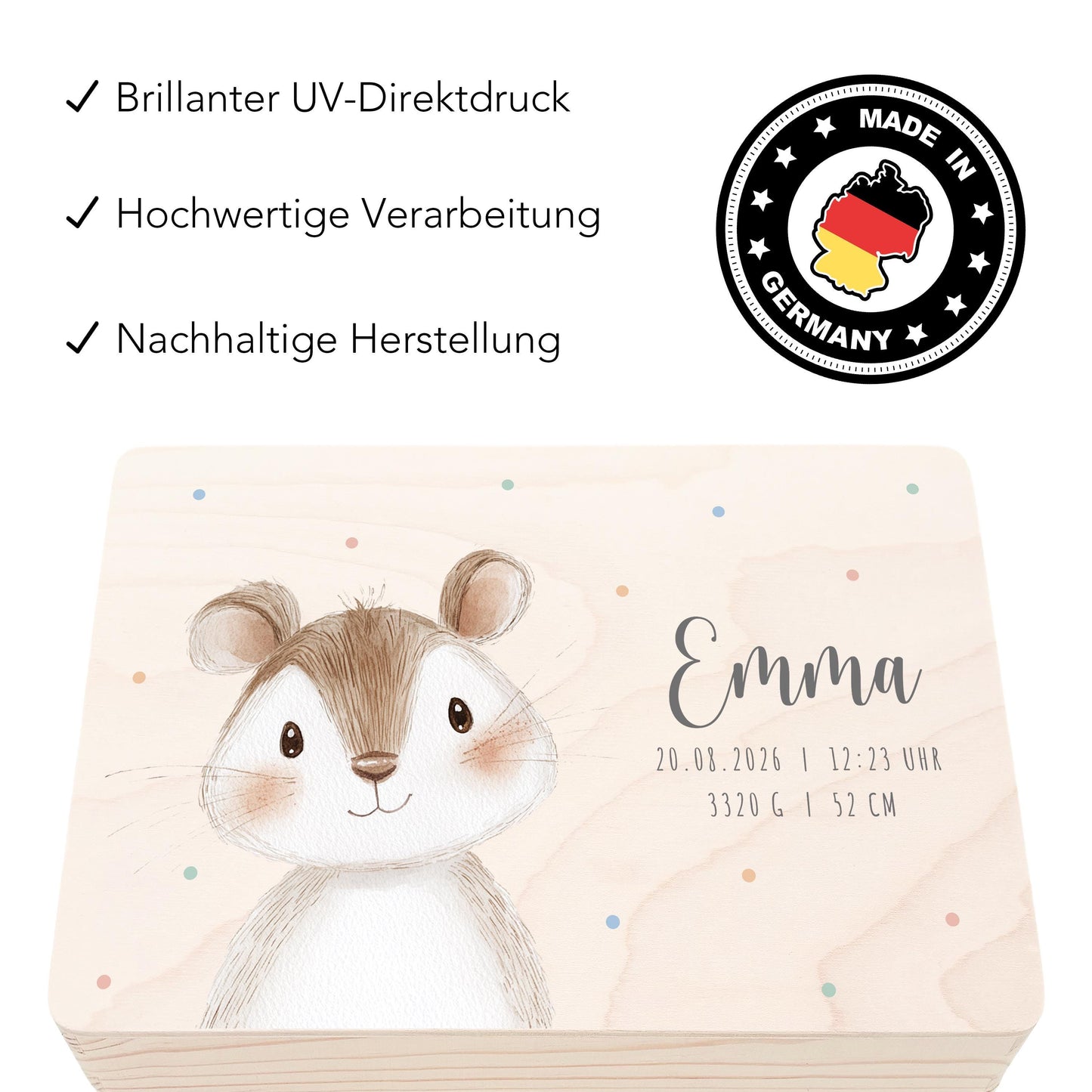 Erinnerungskiste Baby Maus Holzkiste personalisierte Erinnerungsbox Mädchen Junge Geschenk Geburt Geburtsgeschenk 30x20x13 cm