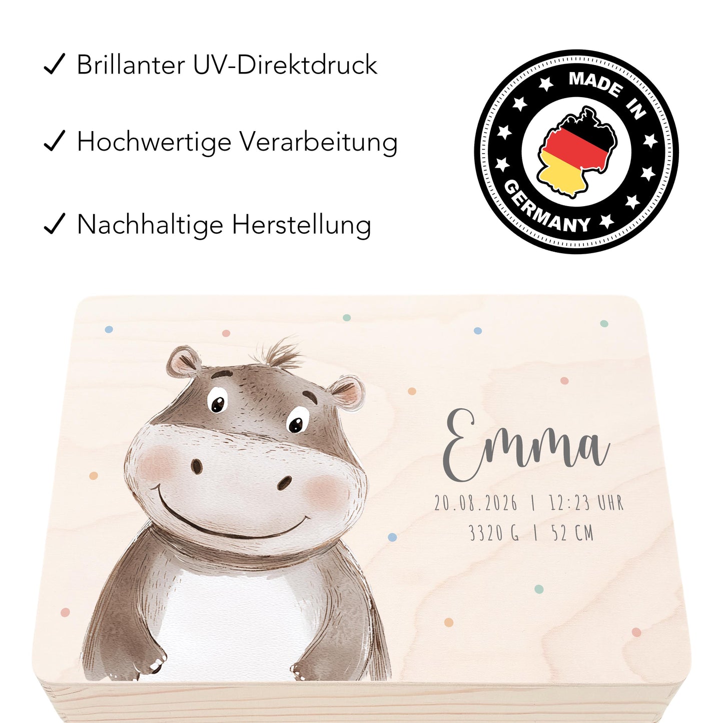 Erinnerungskiste Baby Nilpferd Holzkiste personalisierte Erinnerungsbox Mädchen Junge Geschenk Geburt Geburtsgeschenk 30x20x13 cm
