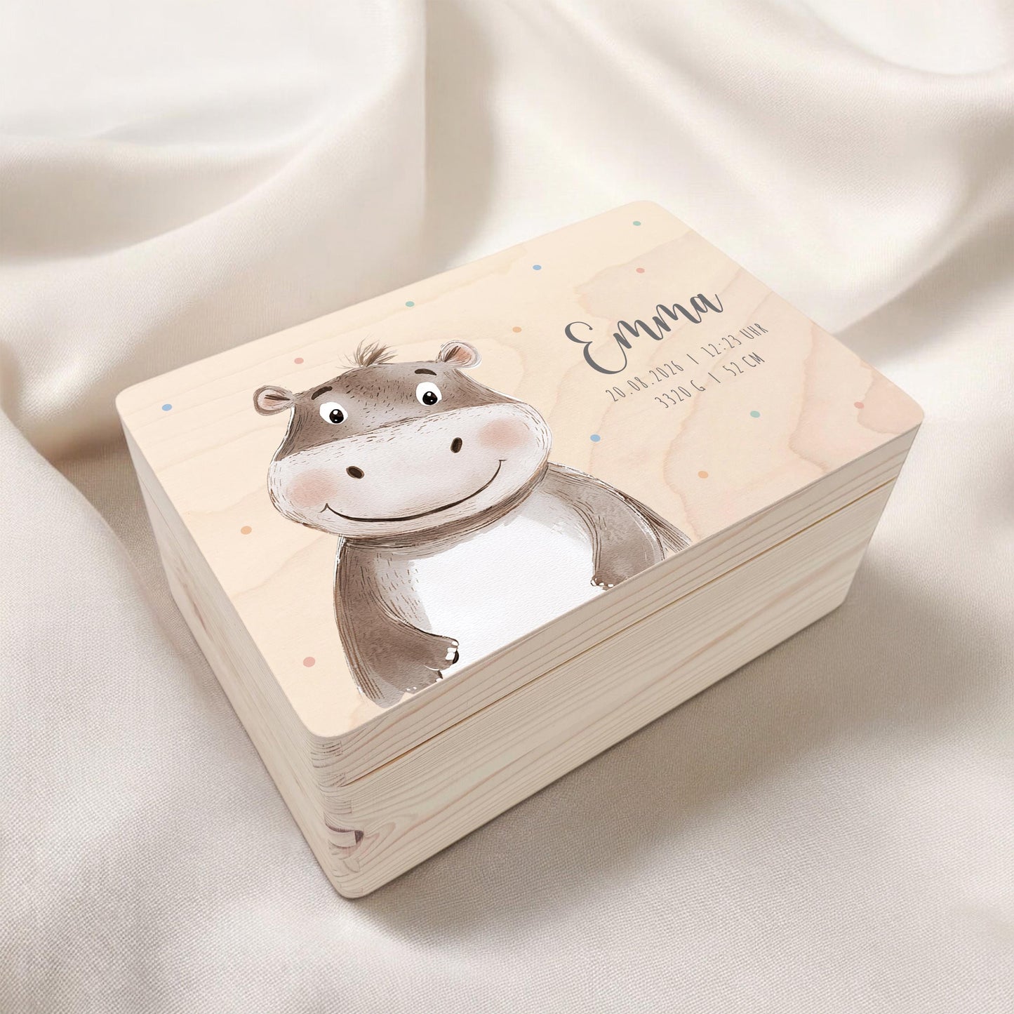 Erinnerungskiste Baby Nilpferd Holzkiste personalisierte Erinnerungsbox Mädchen Junge Geschenk Geburt Geburtsgeschenk 30x20x13 cm