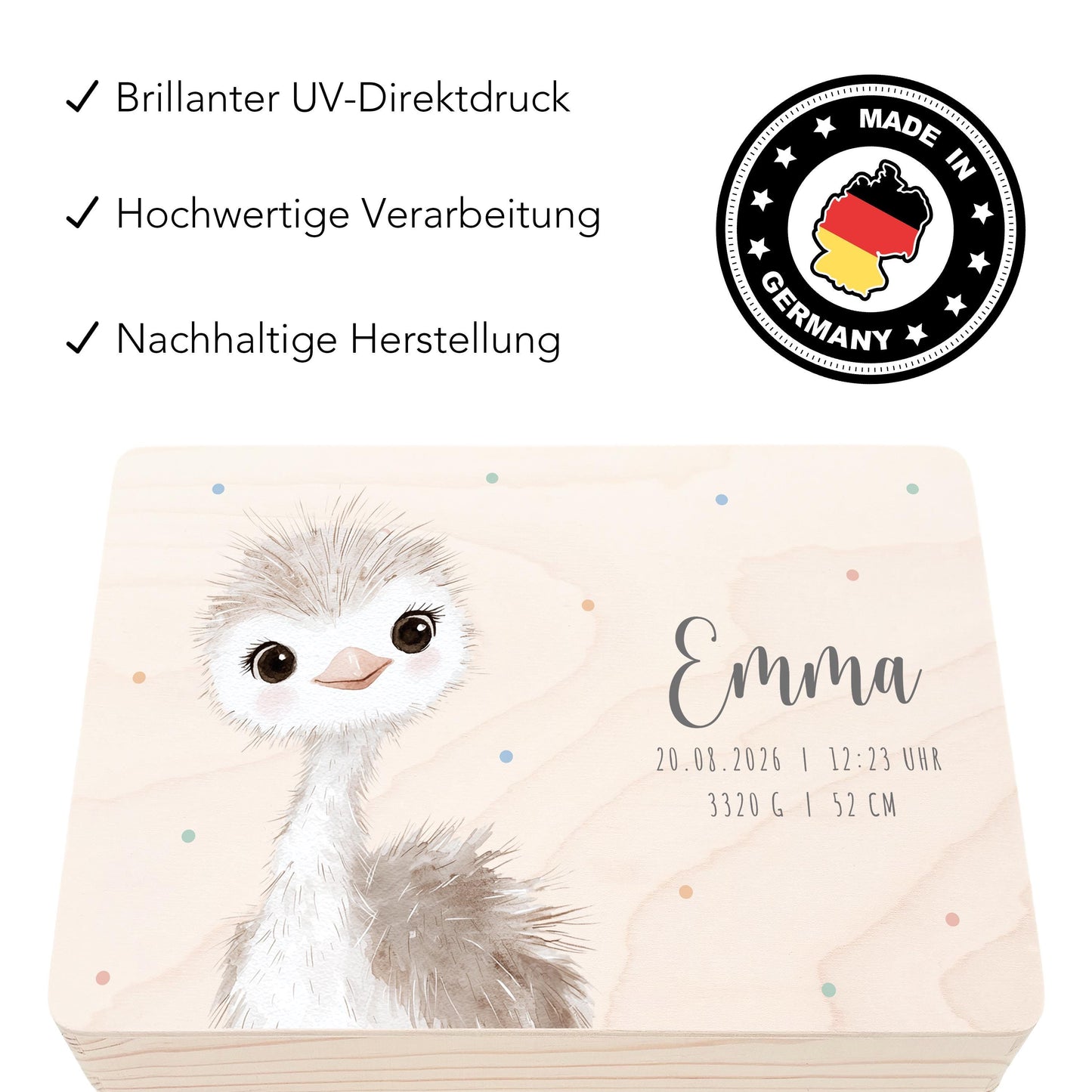 Erinnerungskiste Baby Strauß Holzkiste personalisierte Erinnerungsbox Mädchen Junge Geschenk Geburt Geburtsgeschenk 30x20x13 cm