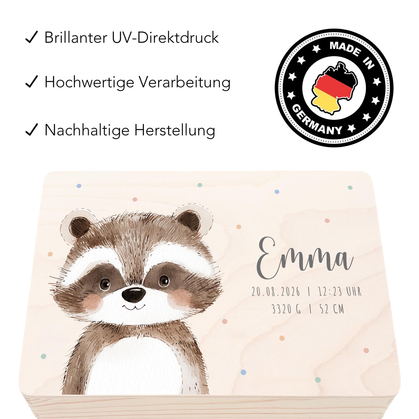 Erinnerungskiste Baby Waschbär Holzkiste personalisierte Erinnerungsbox Mädchen Junge Geschenk Geburt Geburtsgeschenk 30x20x13 cm