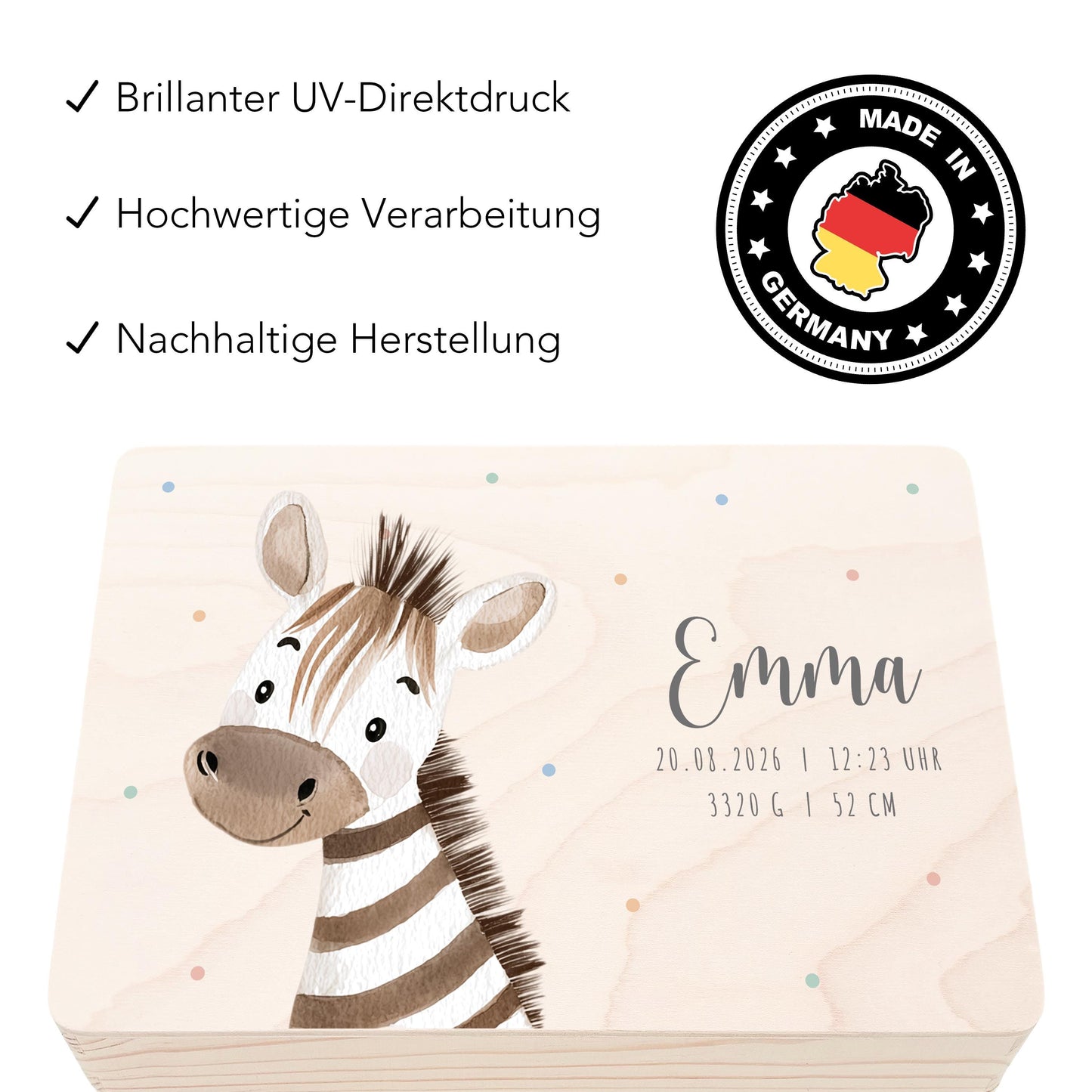 Erinnerungskiste Baby Zebra Holzkiste personalisierte Erinnerungsbox Mädchen Junge Geschenk Geburt Geburtsgeschenk 30x20x13 cm