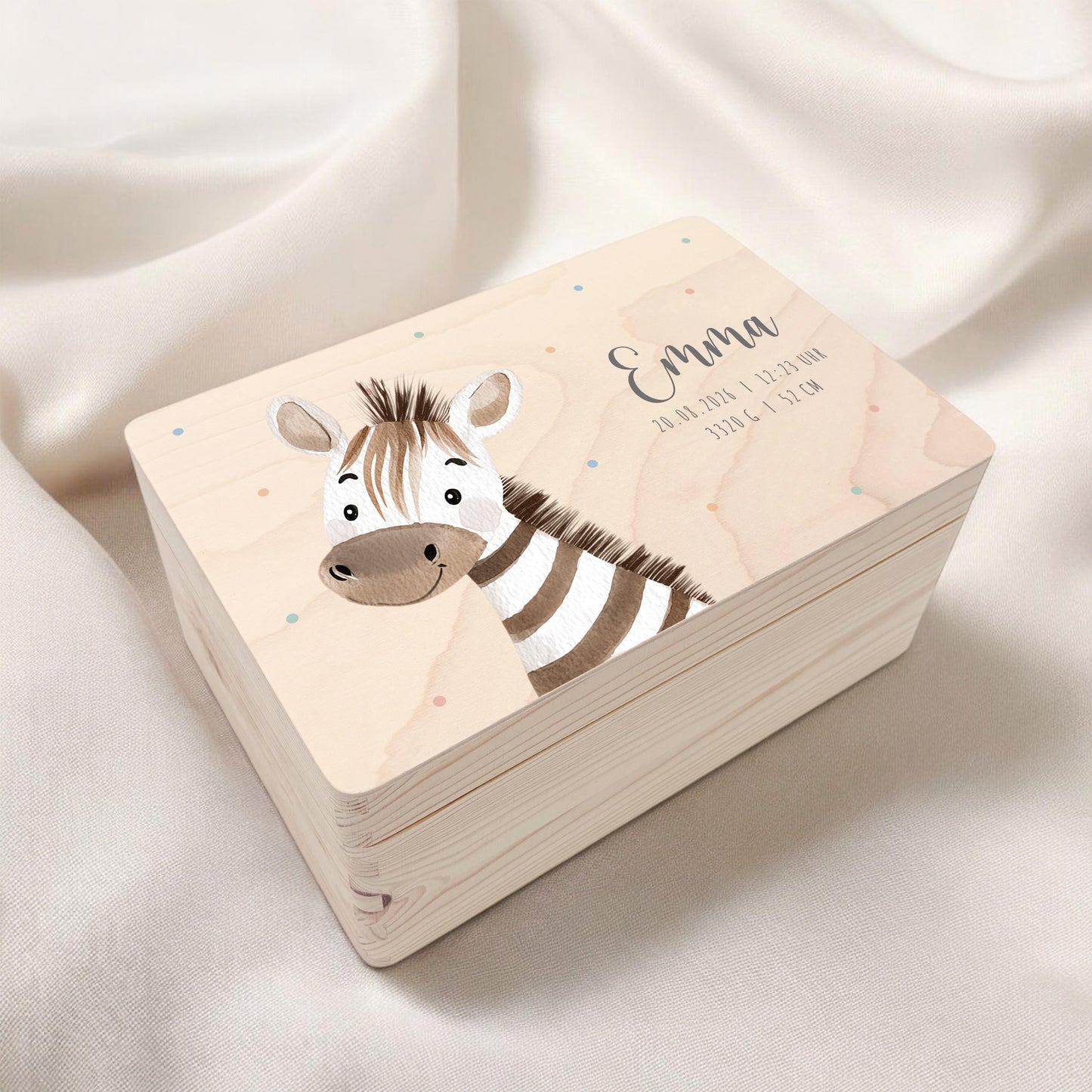 Erinnerungskiste Baby Zebra Holzkiste personalisierte Erinnerungsbox Mädchen Junge Geschenk Geburt Geburtsgeschenk 30x20x13 cm