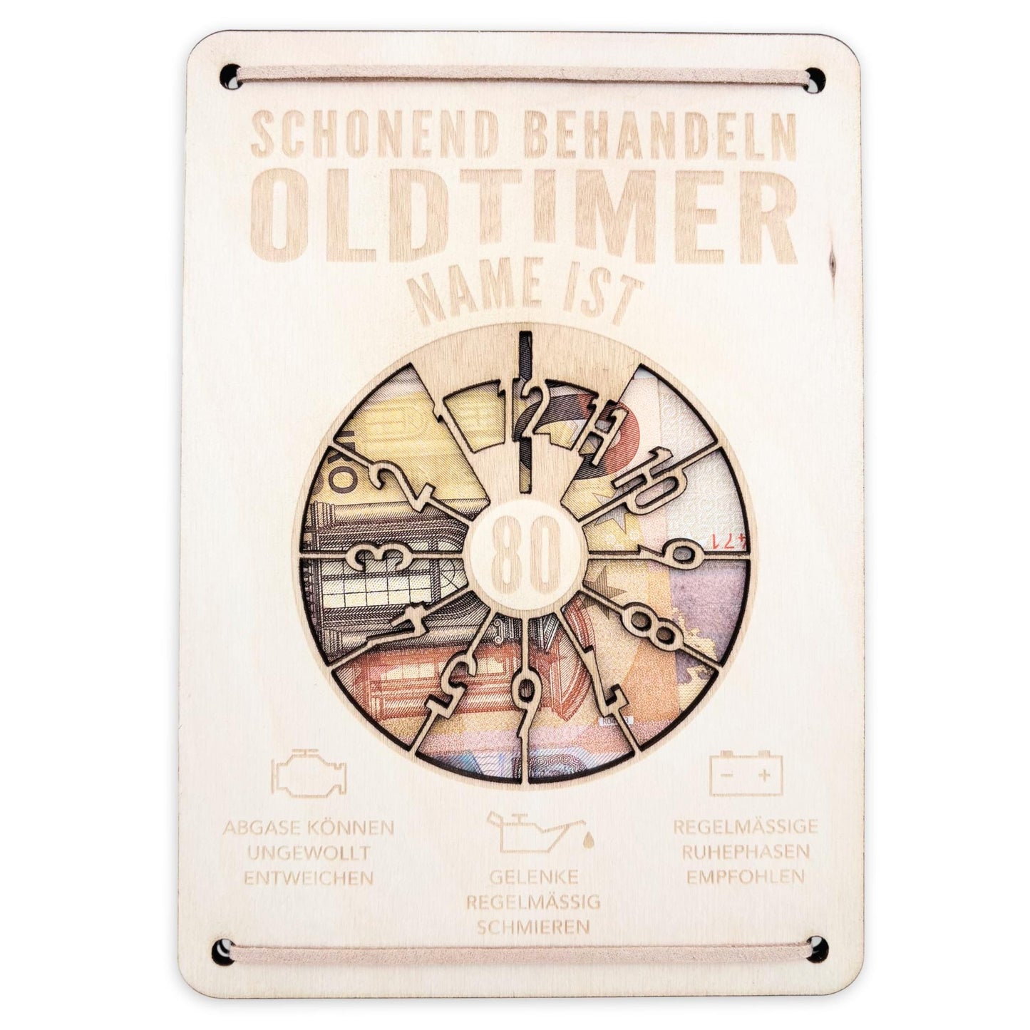 Oldtimer Geburtstagskarte 80. Geburtstag Schonend behandeln personalisiert Geldverpackung Geburtstagsgeschenk Geschenkkarte Holz 12x17 cm