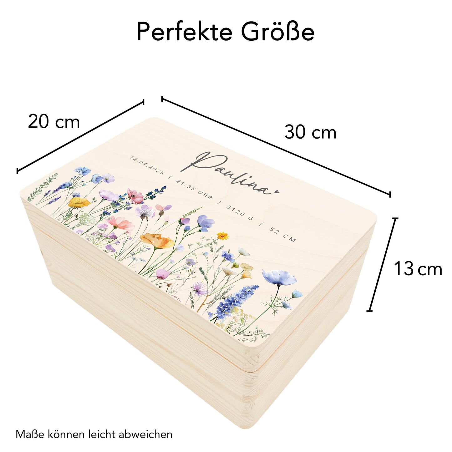 Erinnerungskiste Baby Mädchen Holzkiste personalisierte Erinnerungsbox Wildblumen Geschenk zur Geburt Geburtsgeschenk 30x20x13 cm