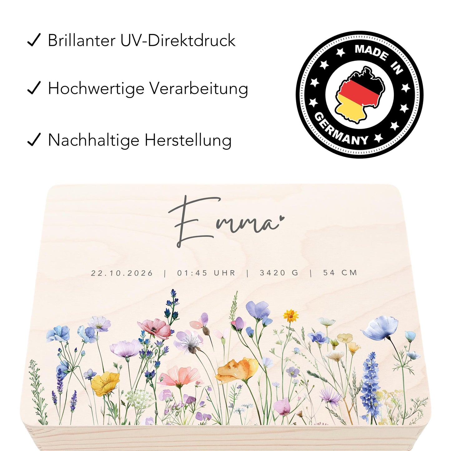 Erinnerungskiste Baby Mädchen Holzkiste personalisierte Erinnerungsbox Wildblumen Geschenk zur Geburt Geburtsgeschenk 30x20x13 cm