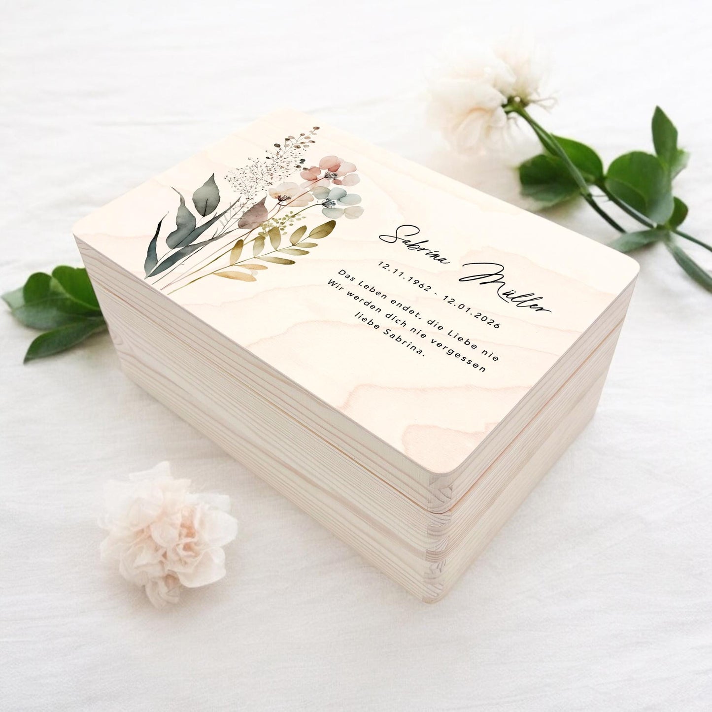 Erinnerungskiste Trauer Trauergeschenk personalisierte Trauerbox Andenken Wildblumen Holzkiste Geschenk Angehörige Holzbox 30x20x13 cm