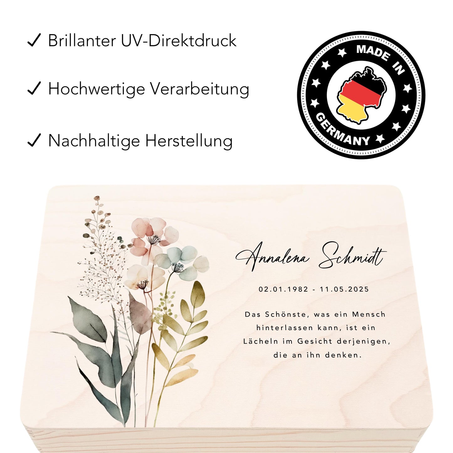 Erinnerungskiste Trauer Trauergeschenk personalisierte Trauerbox Andenken Wildblumen Holzkiste Geschenk Angehörige Holzbox 30x20x13 cm