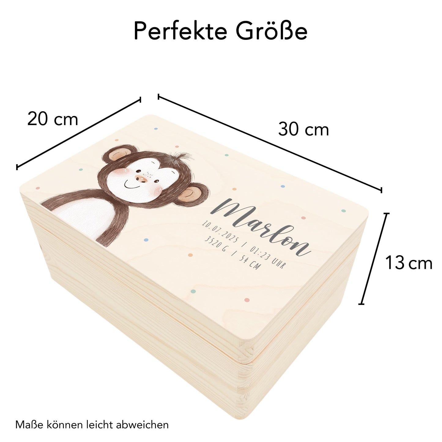 Erinnerungskiste Baby Affe Holzkiste personalisierte Erinnerungsbox Mädchen Junge Geschenk Geburt Geburtsgeschenk 30x20x13 cm