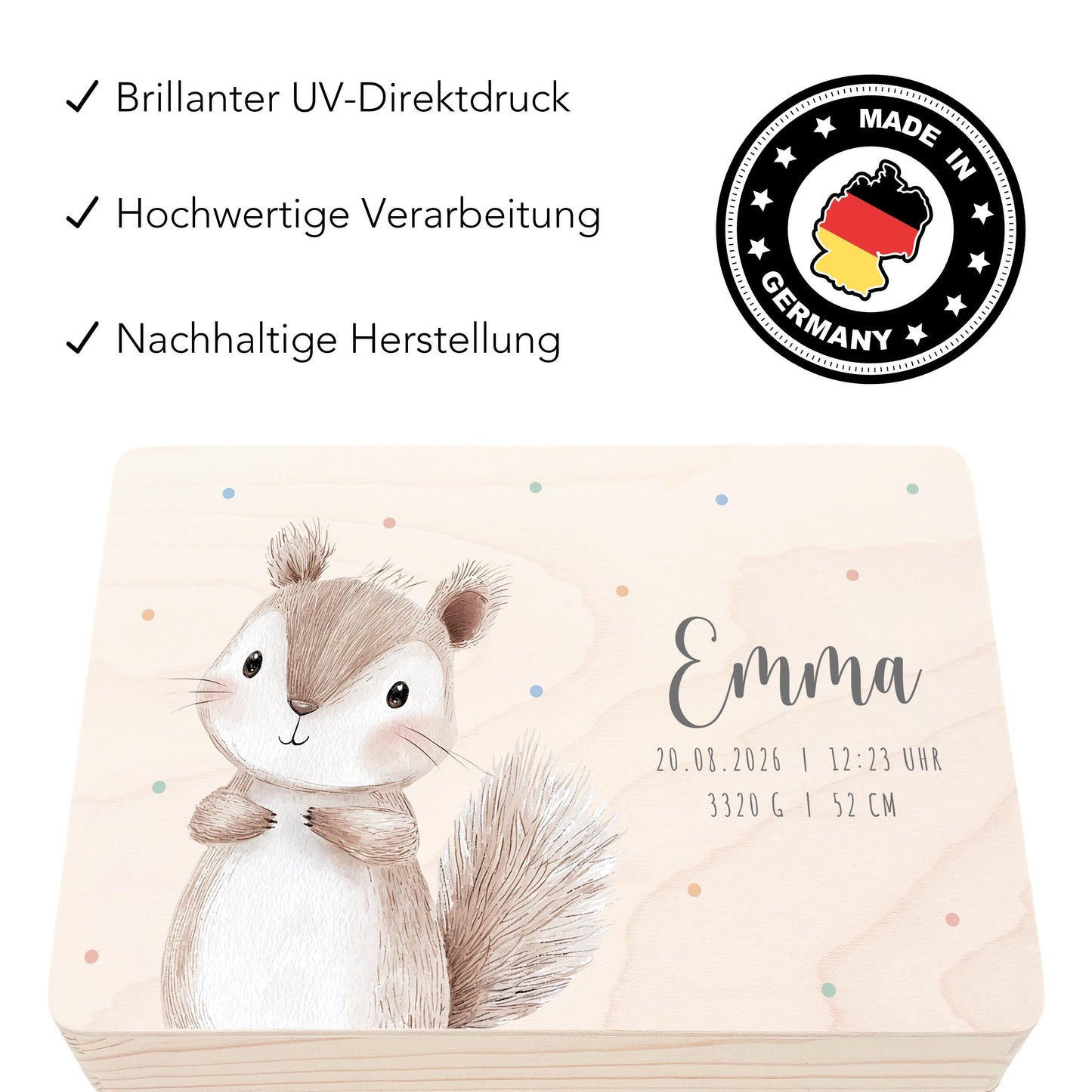 Erinnerungskiste Baby Eichhörnchen Holzkiste personalisierte Erinnerungsbox Geschenk Geburt Geburtsgeschenk 30x20x13 cm