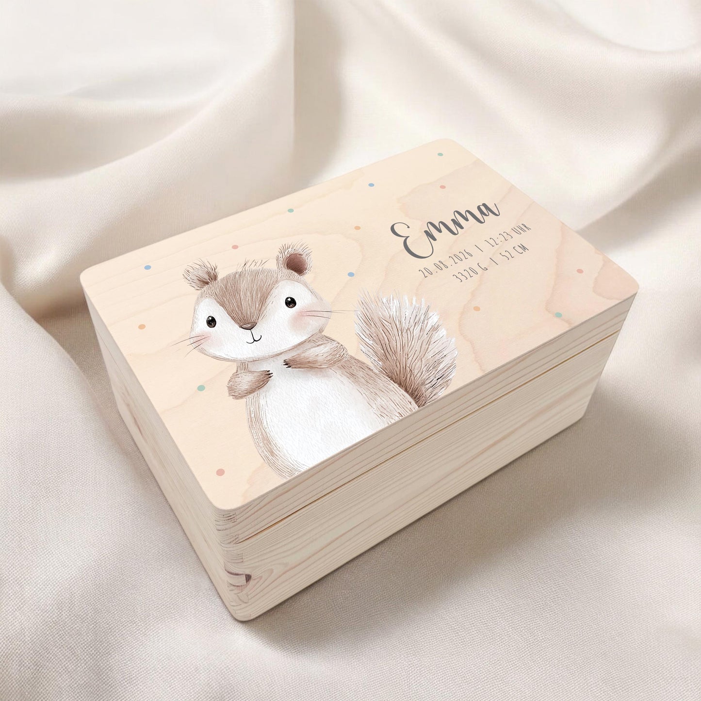 Erinnerungskiste Baby Eichhörnchen Holzkiste personalisierte Erinnerungsbox Geschenk Geburt Geburtsgeschenk 30x20x13 cm