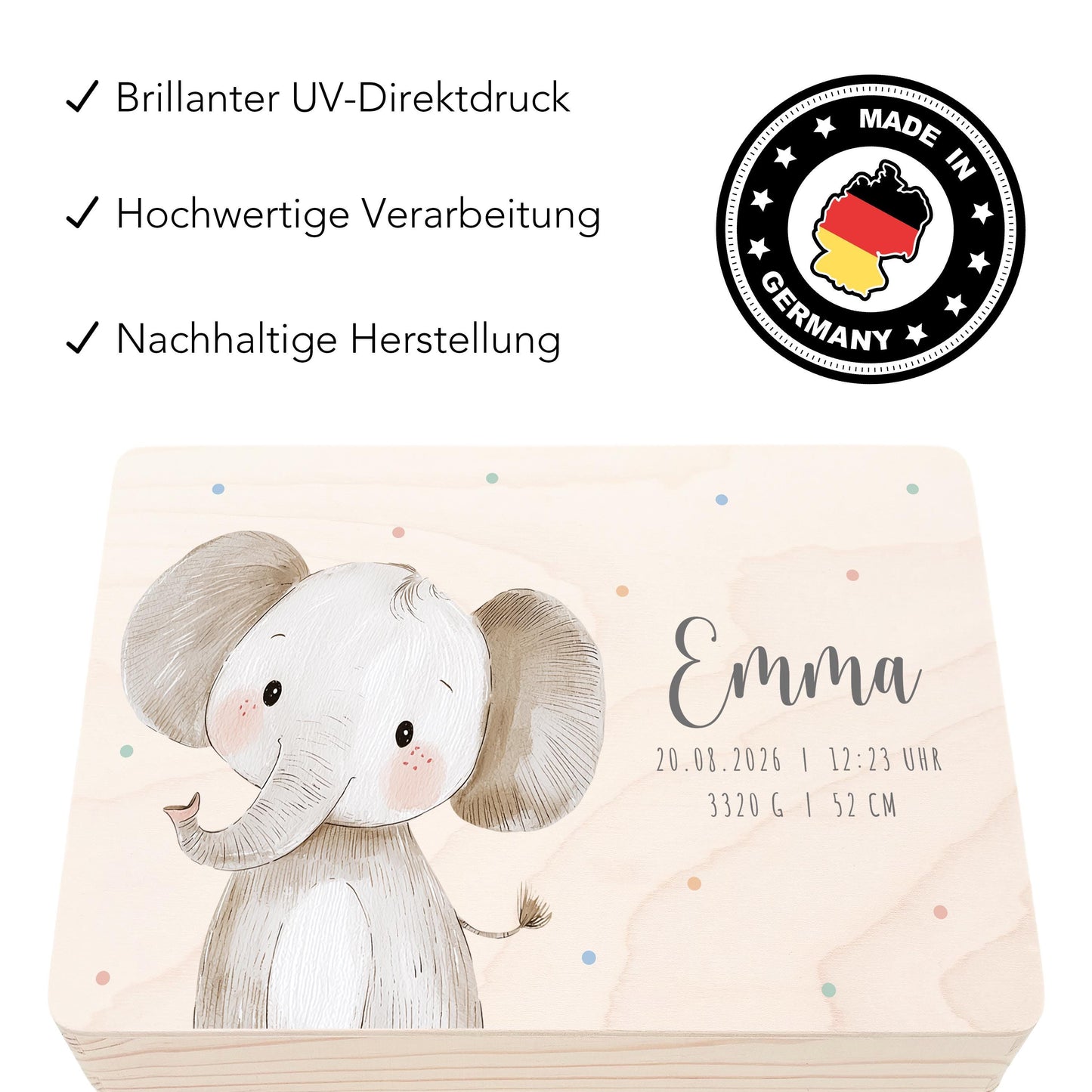 Erinnerungskiste Baby Elefant Holzkiste personalisierte Erinnerungsbox Geschenk Geburt Geburtsgeschenk 30x20x13 cm