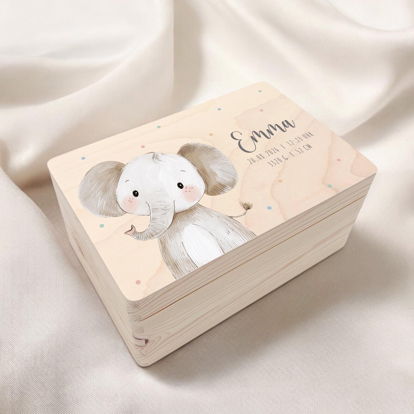 Erinnerungskiste Baby Elefant Holzkiste personalisierte Erinnerungsbox Geschenk Geburt Geburtsgeschenk 30x20x13 cm