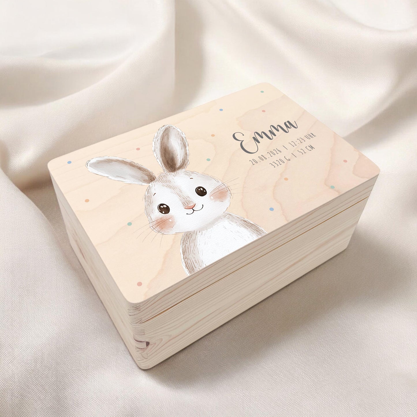 Erinnerungskiste Baby Hase Holzkiste personalisierte Erinnerungsbox Mädchen Junge Geschenk Geburt Geburtsgeschenk 30x20x13 cm