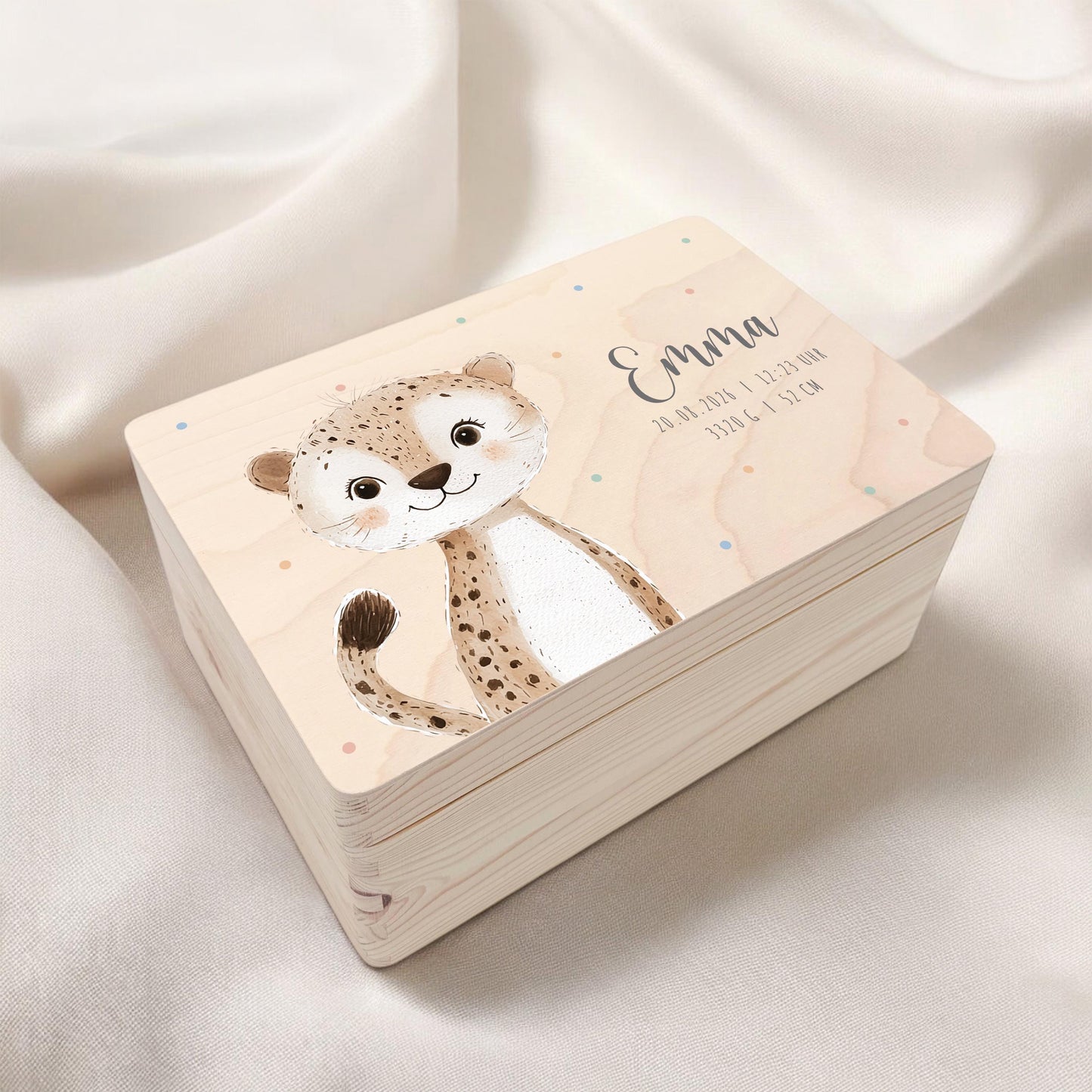 Erinnerungskiste Baby Leopard Holzkiste personalisierte Erinnerungsbox Mädchen Junge Geschenk Geburt Geburtsgeschenk 30x20x13 cm