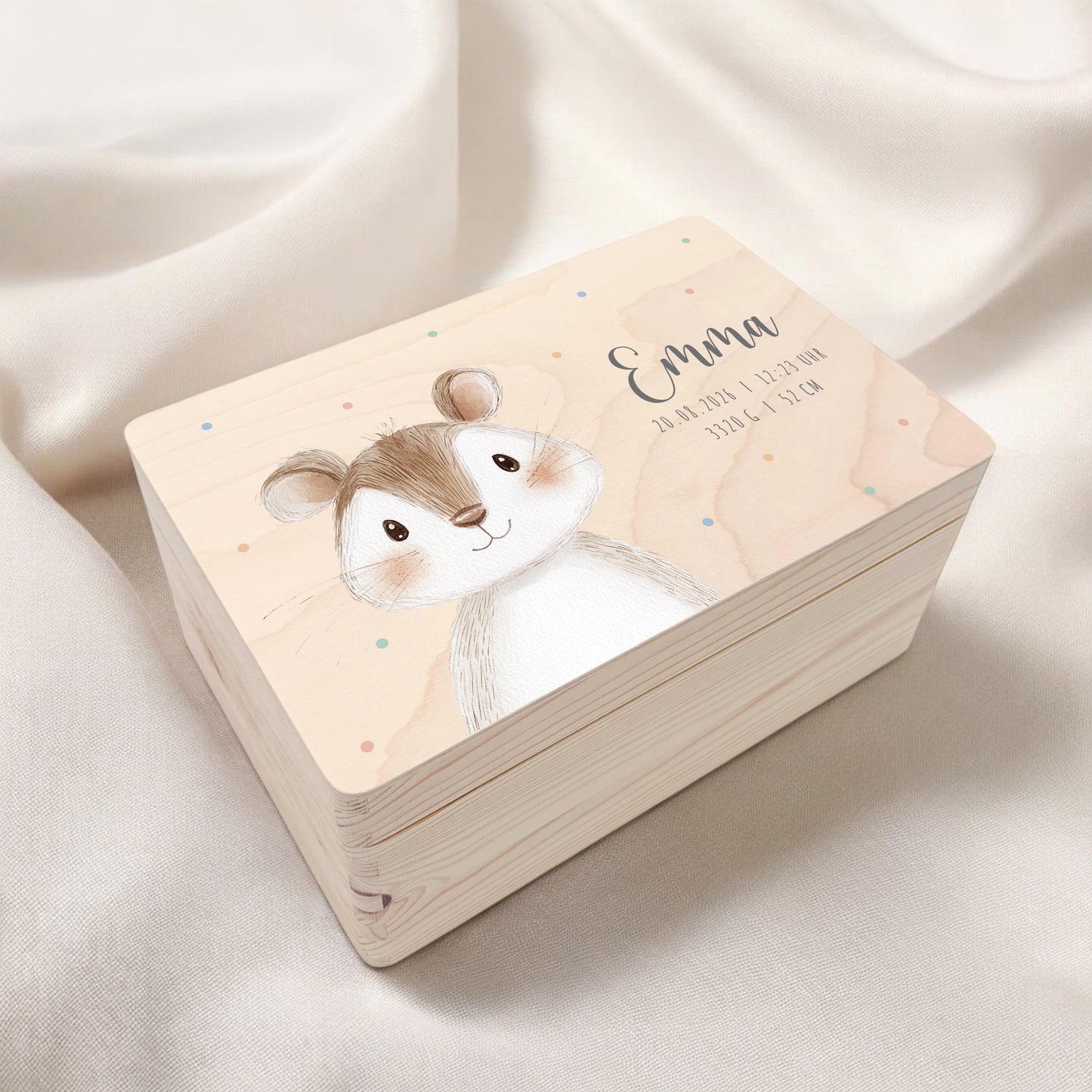 Erinnerungskiste Baby Maus Holzkiste personalisierte Erinnerungsbox Mädchen Junge Geschenk Geburt Geburtsgeschenk 30x20x13 cm