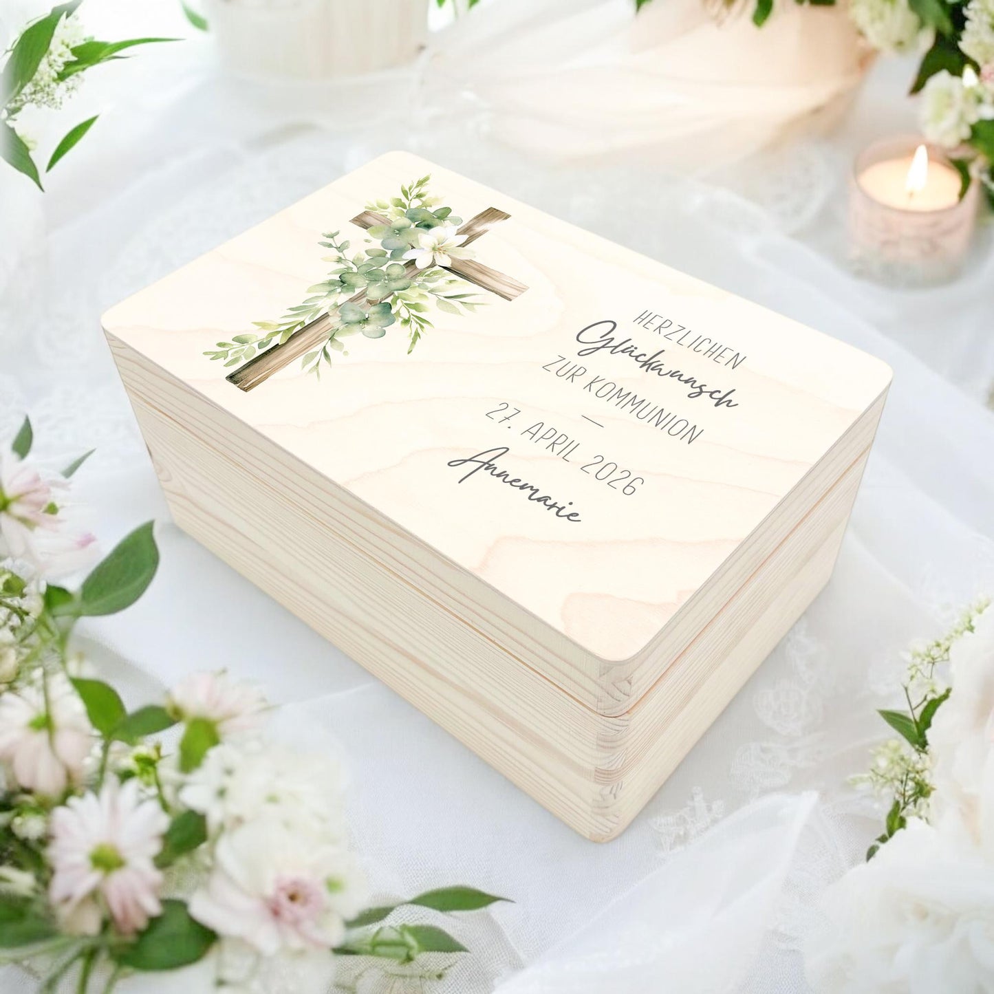 Erinnerungskiste Kommunion Erinnerungsbox Erstkommunion Mädchen Junge personalisierte Geschenk Holzkiste mit Deckel Holzbox 30x20x13 cm