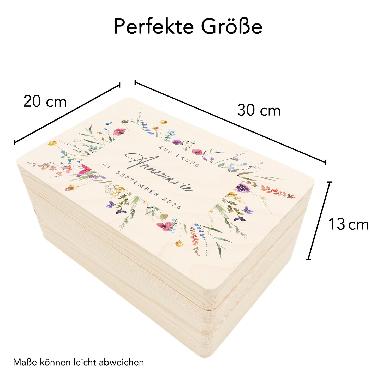 Erinnerungskiste Taufe Geschenk personalisiertes Taufgeschenk Mädchen Wildblumen Taufbox Holzkiste mit Deckel Holzbox 30x20x13 cm